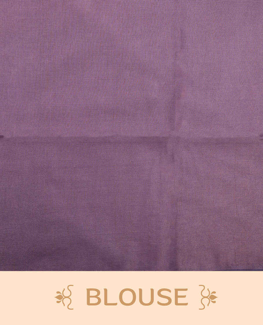 Purple colour semi jute saree highlighting gold zari stripped body with white motifs, without border and paired with matching blouse.