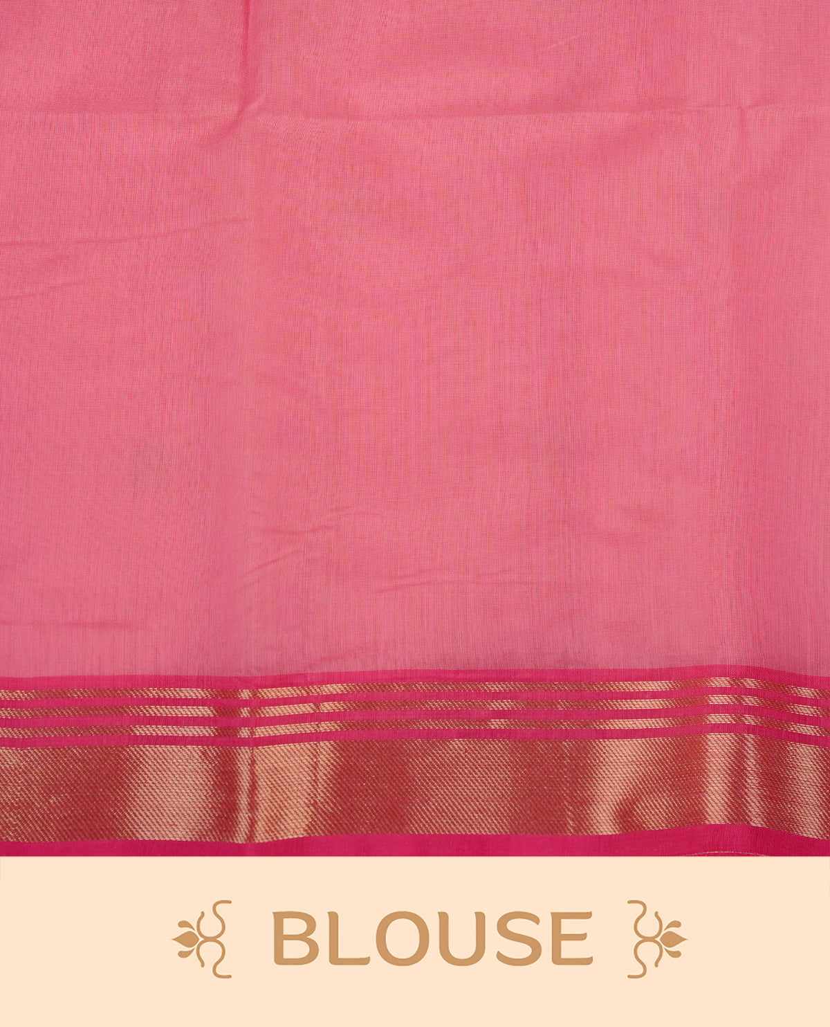 Baby pink colour Maheshwari cotton saree, gold zari floral motifs on body, complement self colour gold zari border comes with matching blouse.