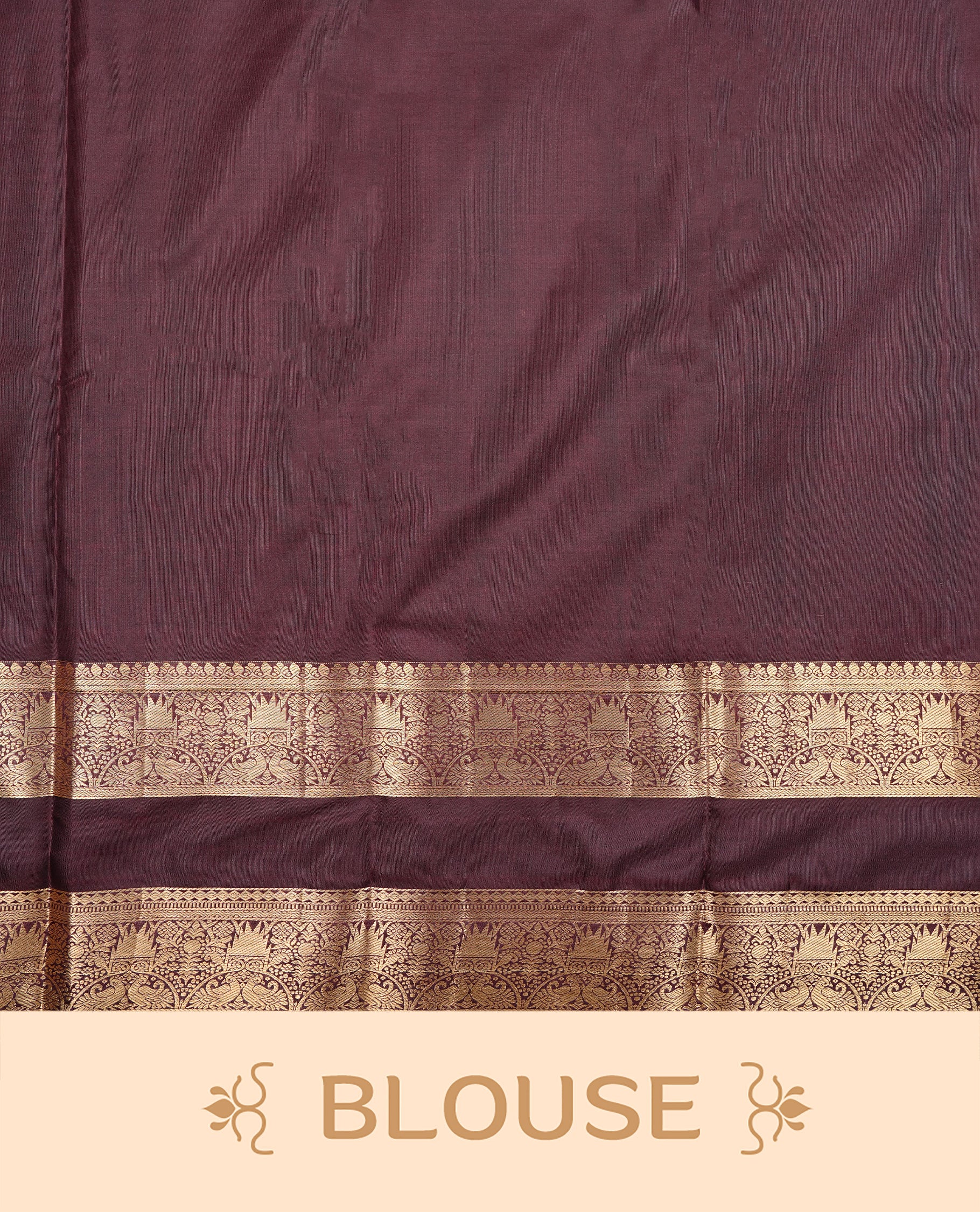 Chocolate Brown Colour Semi Wedding Silk Saree Featuring Gold Zari Checks With Buttas, Showcased with self colour Orange pipping With Traditional Border, Paired With Matching Blouse Piece.