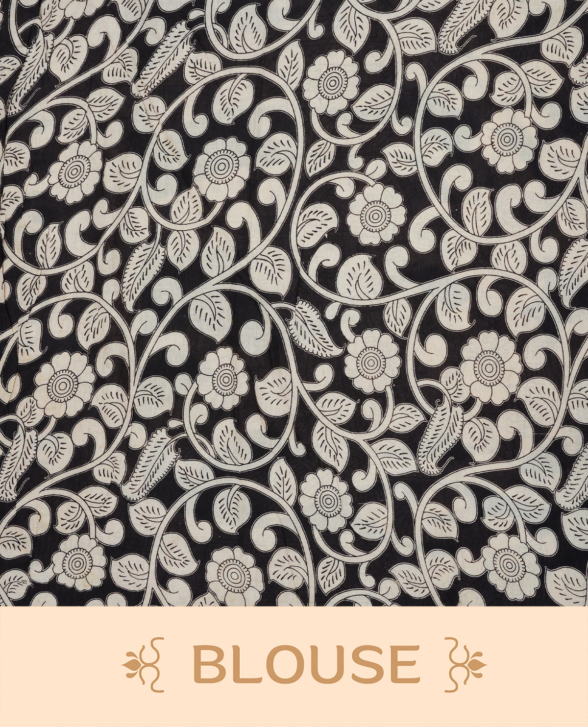 Cream & blue colour kalamkari cotton saree featuring kalamkari printed body & pallu, paired with a matching contrast blouse piece.