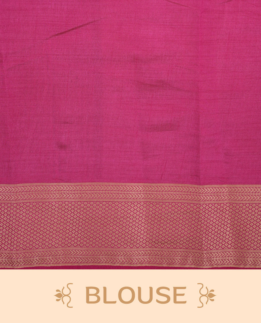 Cream colour tussar silk saree featuring elegant plain body, contrast meganta colour border with gold zari, comes with matching blouse piece.