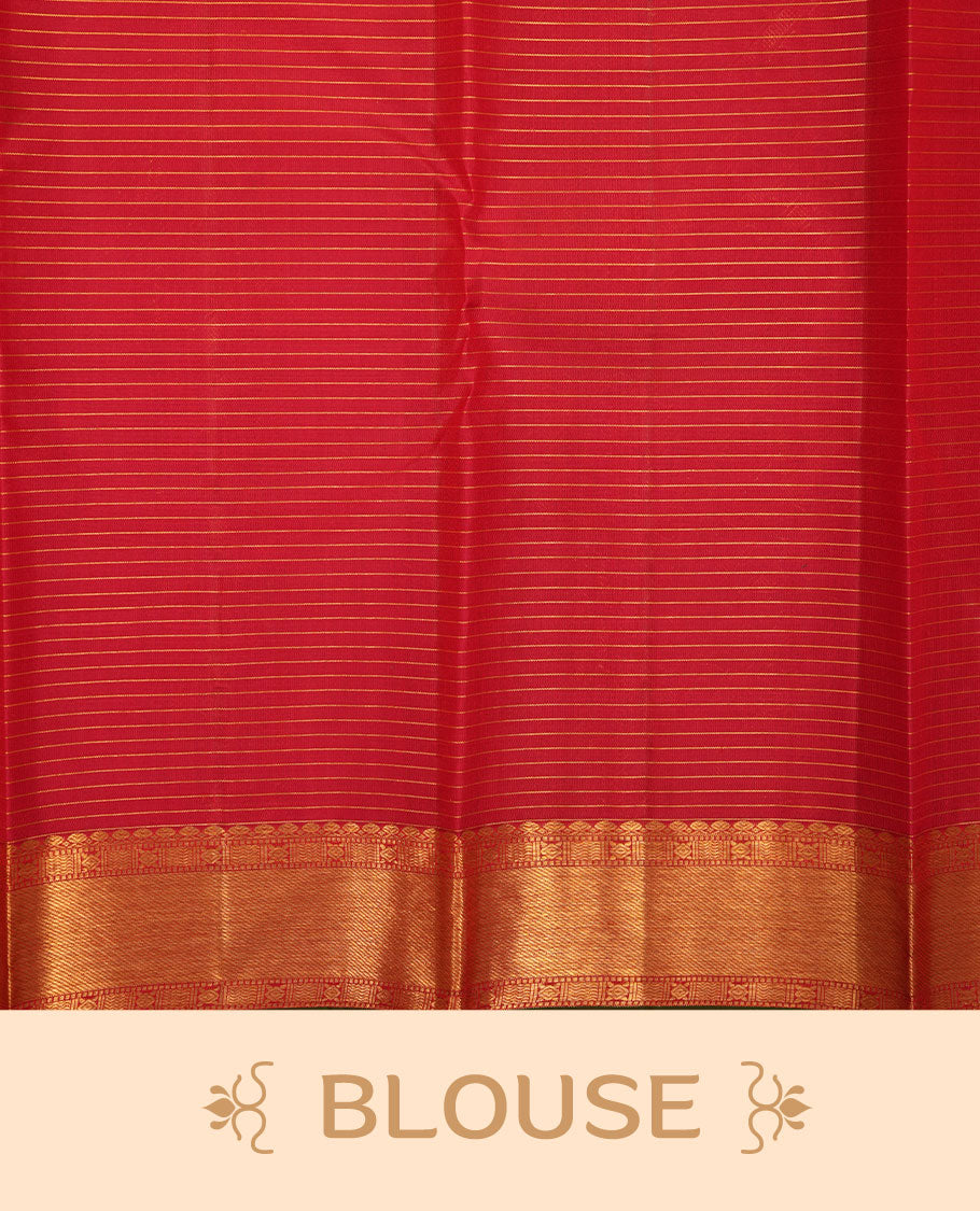 Red colour pure traditional Kancheepuram silk saree adorned with gold zari Checks across the body, featuring elegant traditional borders, beautifully paired with a matching blouse piece.