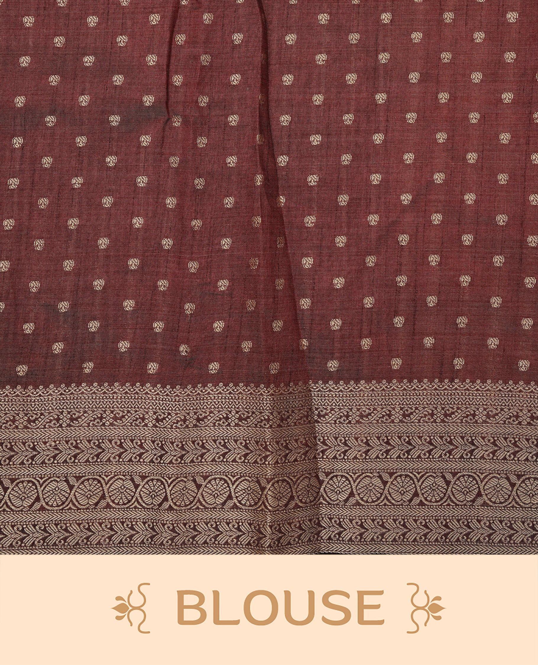 Cream colour Semi Tussar silk saree featuring an Gold zari motifs on body, accentuated by a contrast Chocolate brown border adorned with intricate gold zari work, paired with a matching blouse piece.