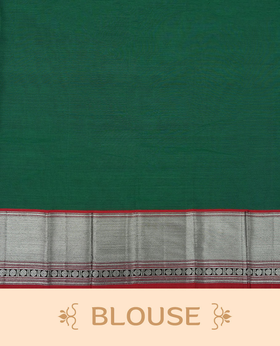 Dark green colour Narayanapattu cotton saree featuring a self coloured body, contrast Dark red colour with silver zari border and pallu, pairing a matching blouse piece.