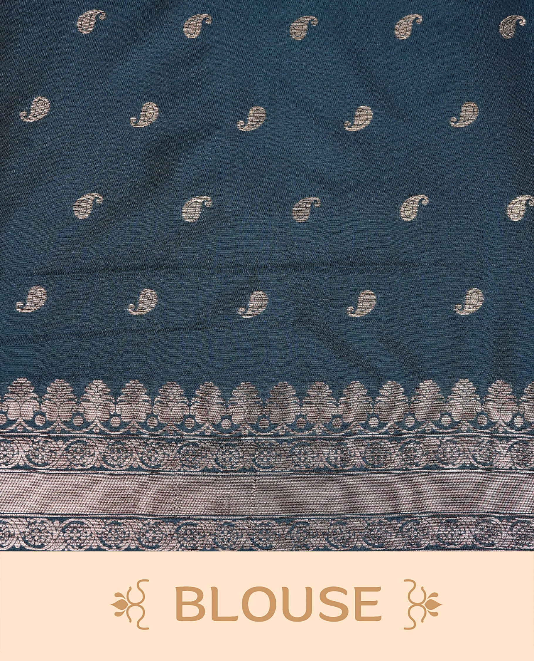Teal Blue Colour Softie Silk Saree Featuring An All Over Gold Woven Leaf Pattern, Finished With A Matching Border Adorned With Intricate Paisley And Floral Motifs, Paired With A Matching Blouse Piece.