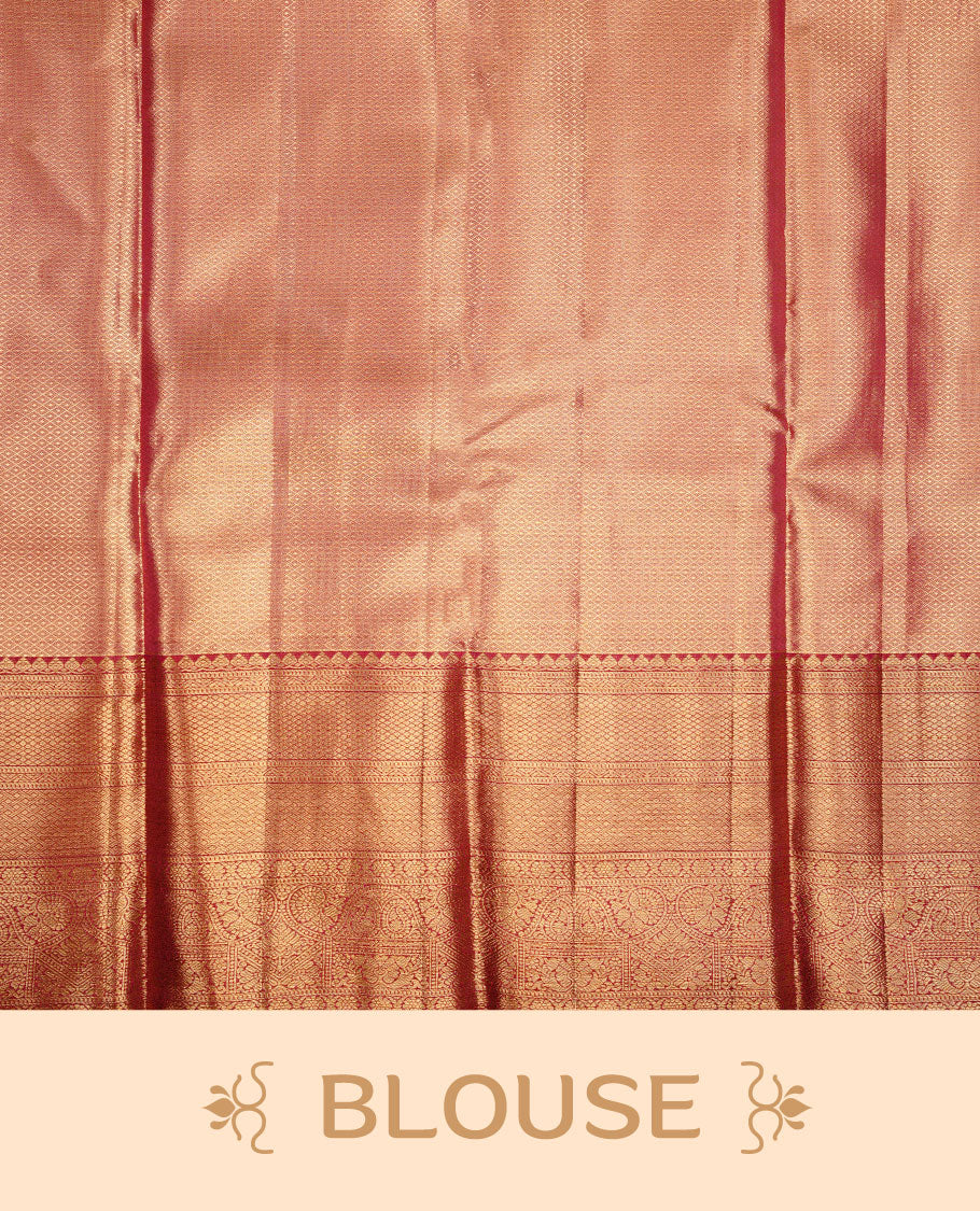 Gold & Maroon double shade colour kancheepuram tissue silk saree featuring gold zari stripeson pattern on body, complemented by contrast maroon colour with traditional border, paired with matching blouse piece.