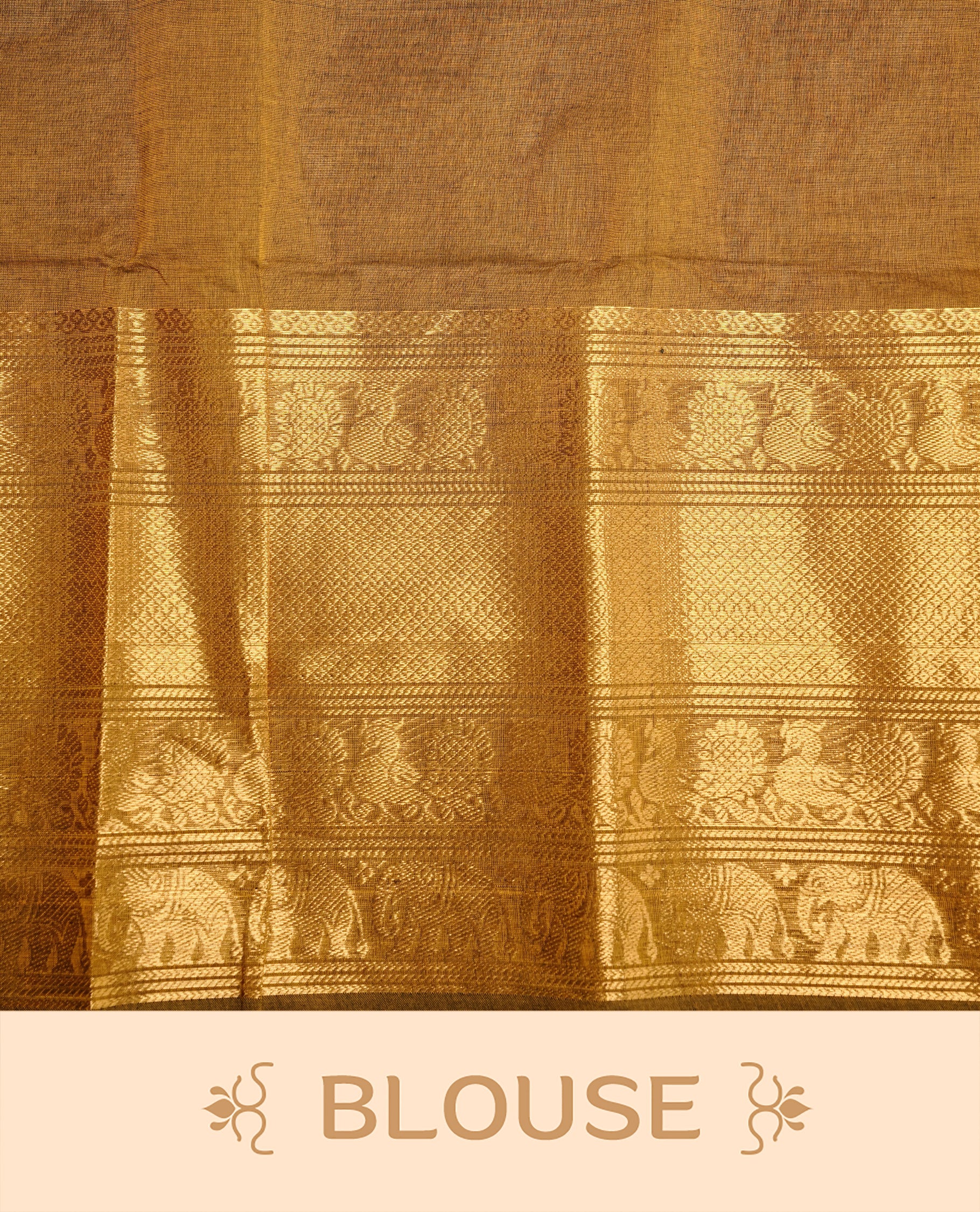Warm Olive Colour chettinad cotton saree featuring Elegant plain body, complemented by self colour with gold zari border, paired with matching blouse.