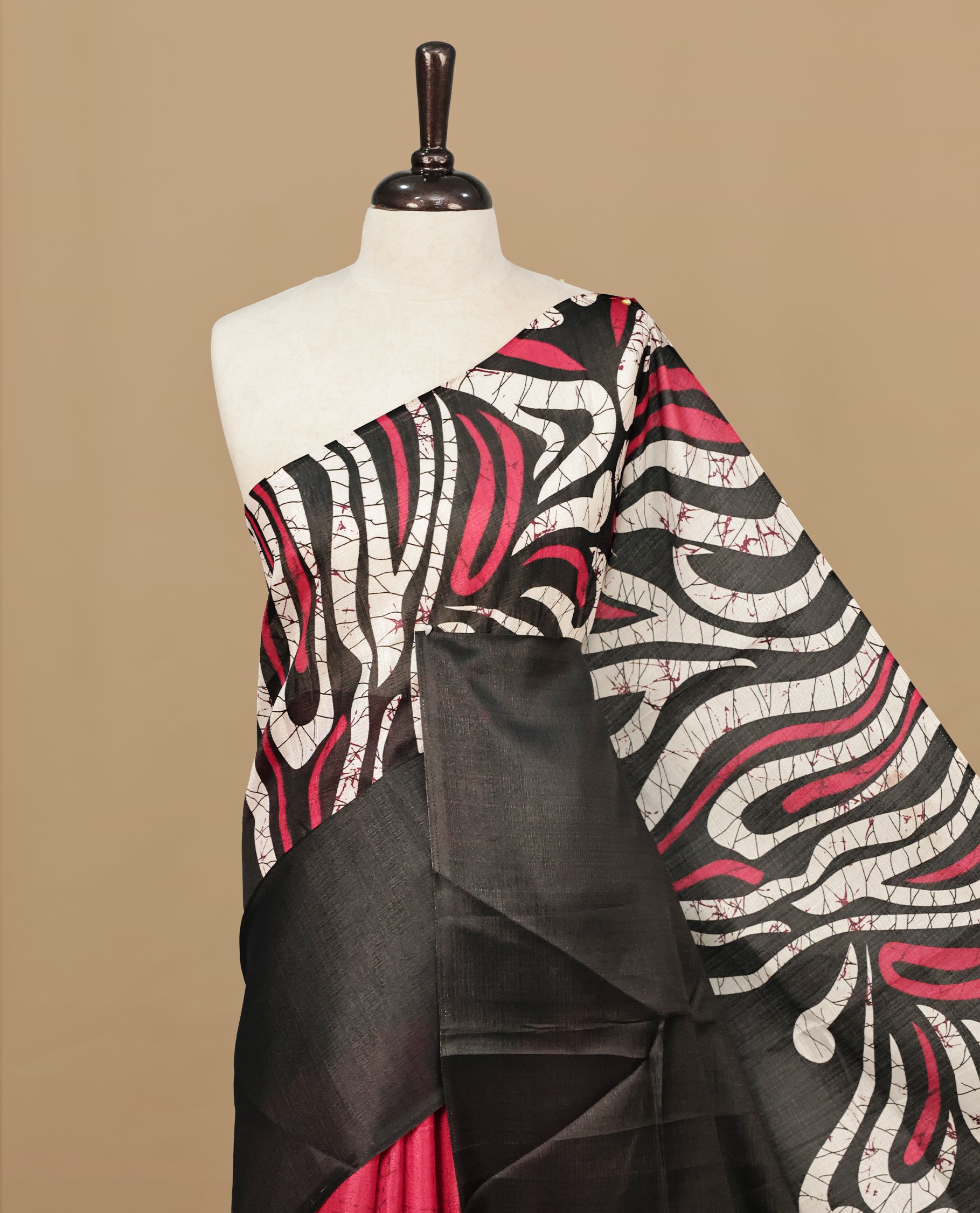 Red With Black Colour Khadi silk saree Featuring Abstract Print Patterned & Curved Wave Like Line Detailed Body, Paired with matching blouse piece.