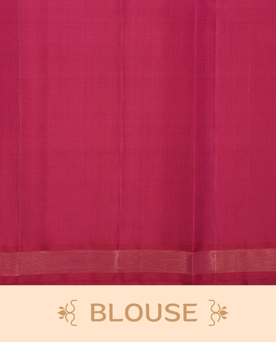 Orange and pink double shade pure traditional Kancheepuram silk saree adorned with elegant zari peacock and chakra motifs on the body, complemented by a simple contrast zari woven border, paired with a matching blouse piece.
