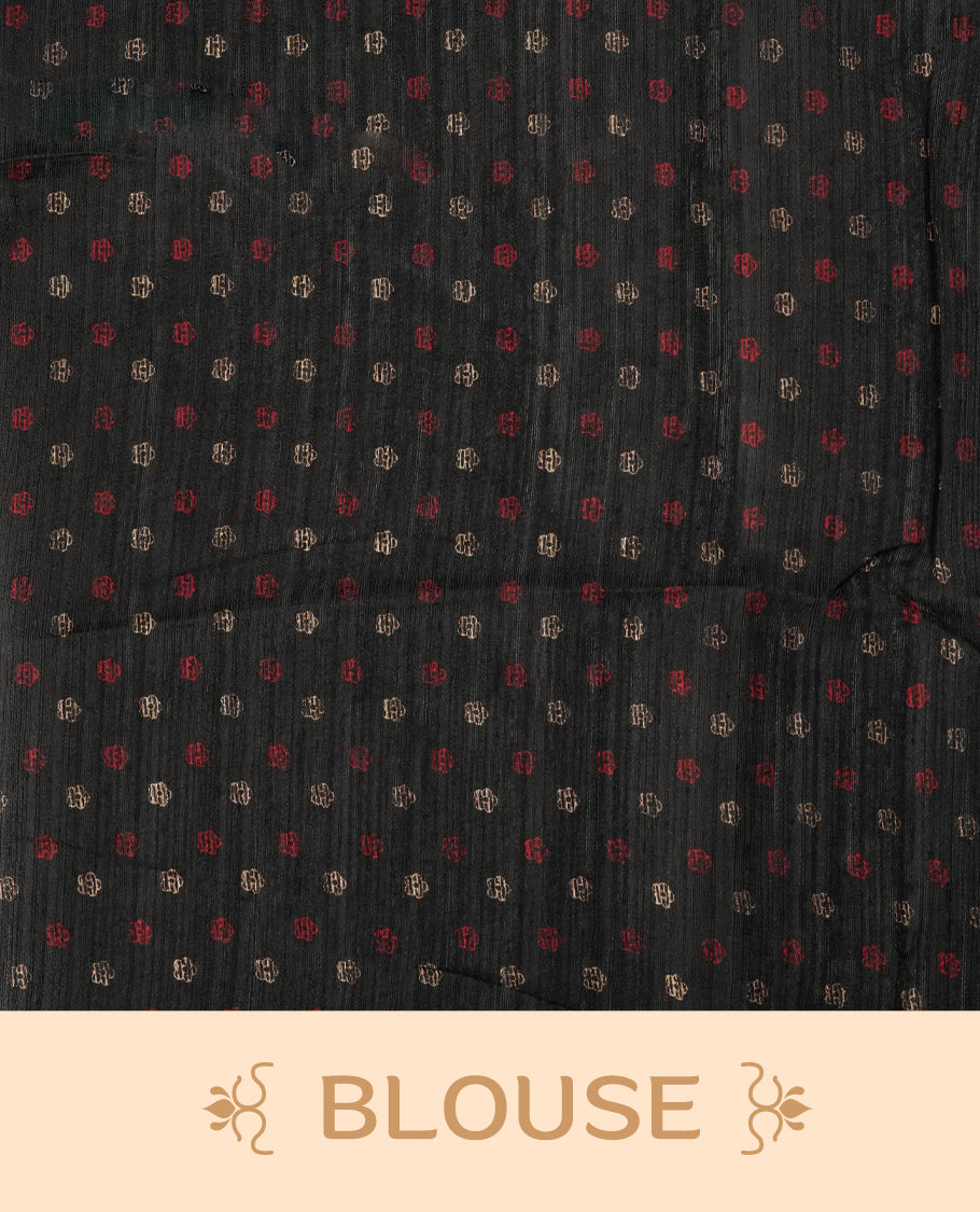 Black colour semi jute silk saree adorned with intricate floral and leaf motifs across the body & The pallu features detailed woven patterns enhancing its charm, paired beautifully with a matching floral printed blouse piece.