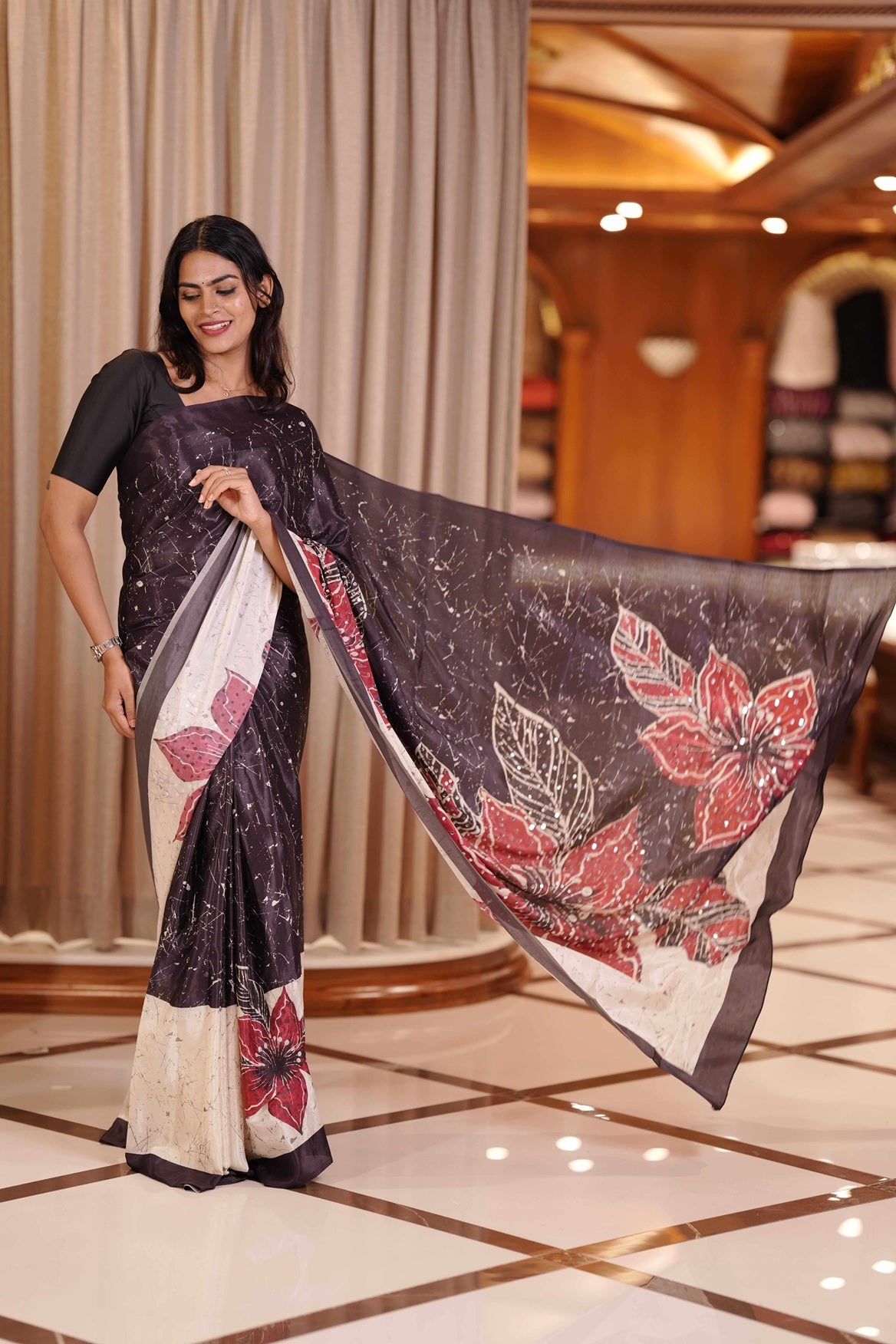 Black and Creme Masakali Saree with Flowers highlighted on Pallu with marble Design blouse
