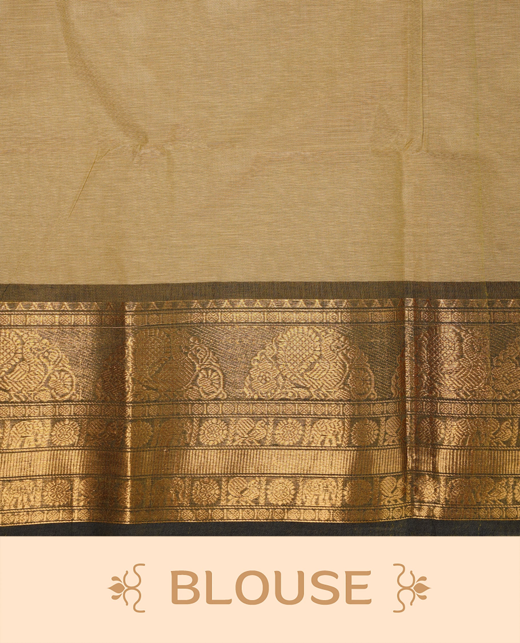 Grey beige colour Chettinad cotton saree featuring motifs on body , complemented by contrast Black colour with zari border, comes with matching blouse piece.