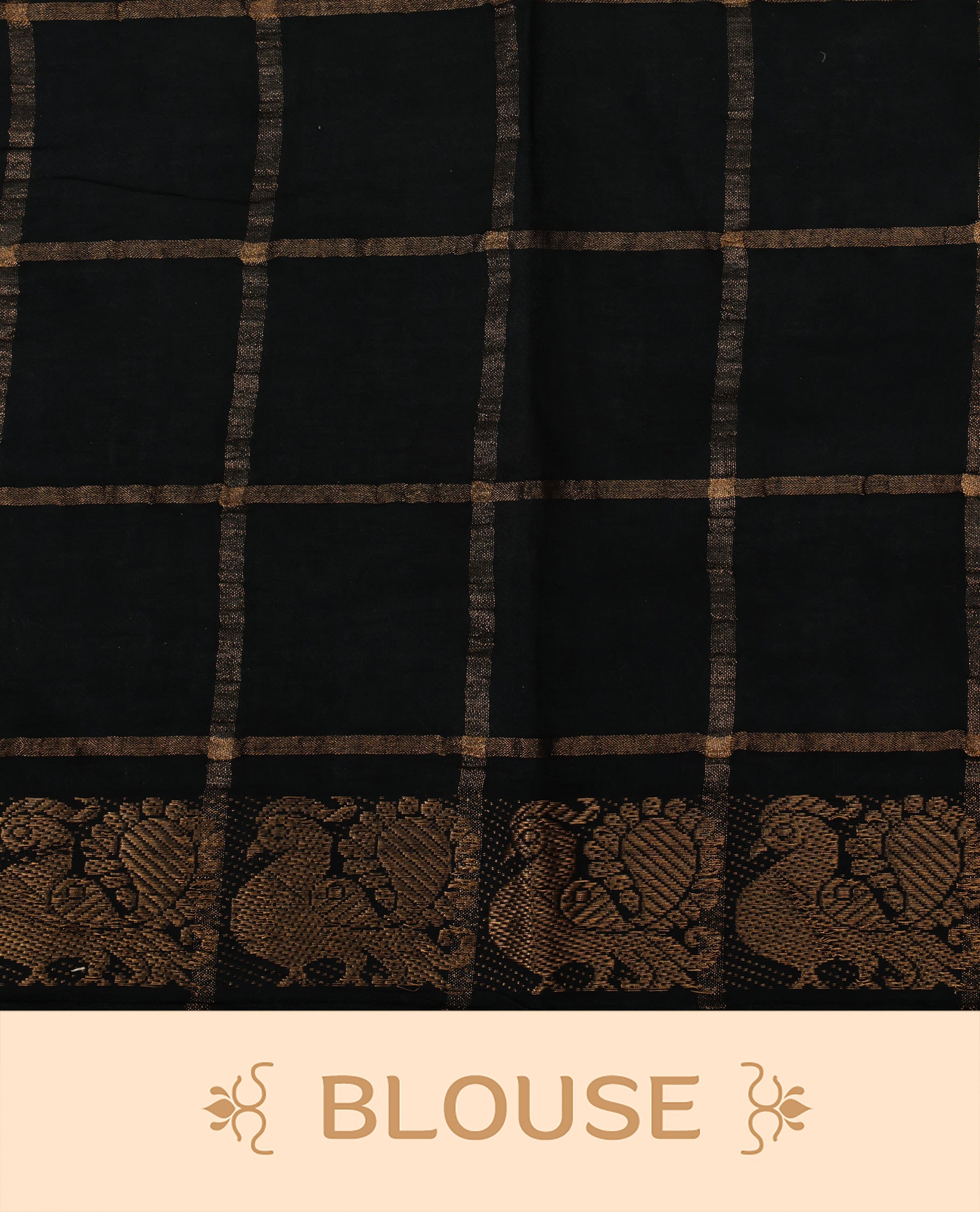 Mustard colour Sungudi cotton saree featuring Gold zari Check pattern on body, Gold zari Peacock design on Dyed Black colour design border, paired with matching blouse piece.