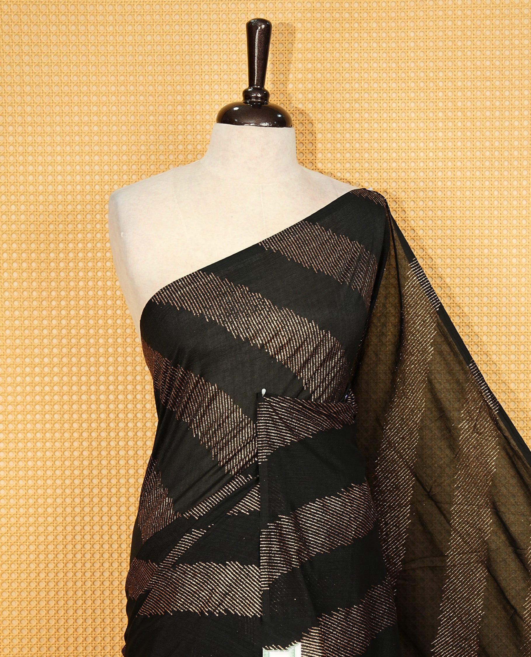 Black colour Vijitra silk Saree Featuring Leheriya style gold Printed body, complemented by contrast pallu & tassels