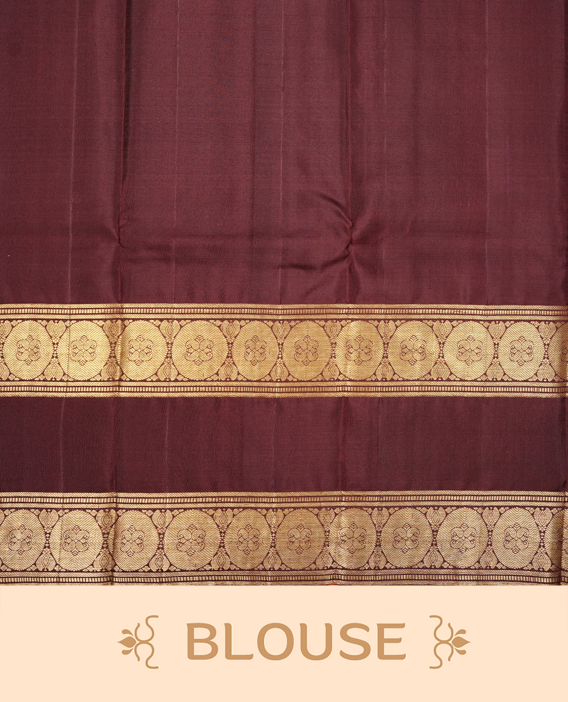Chocolate colour Kancheepuram silk saree featuring Gold & silver Floral Pattern onbody, Highlighting Gold Zari border with Orange piping, paired with matching blouse piece.
