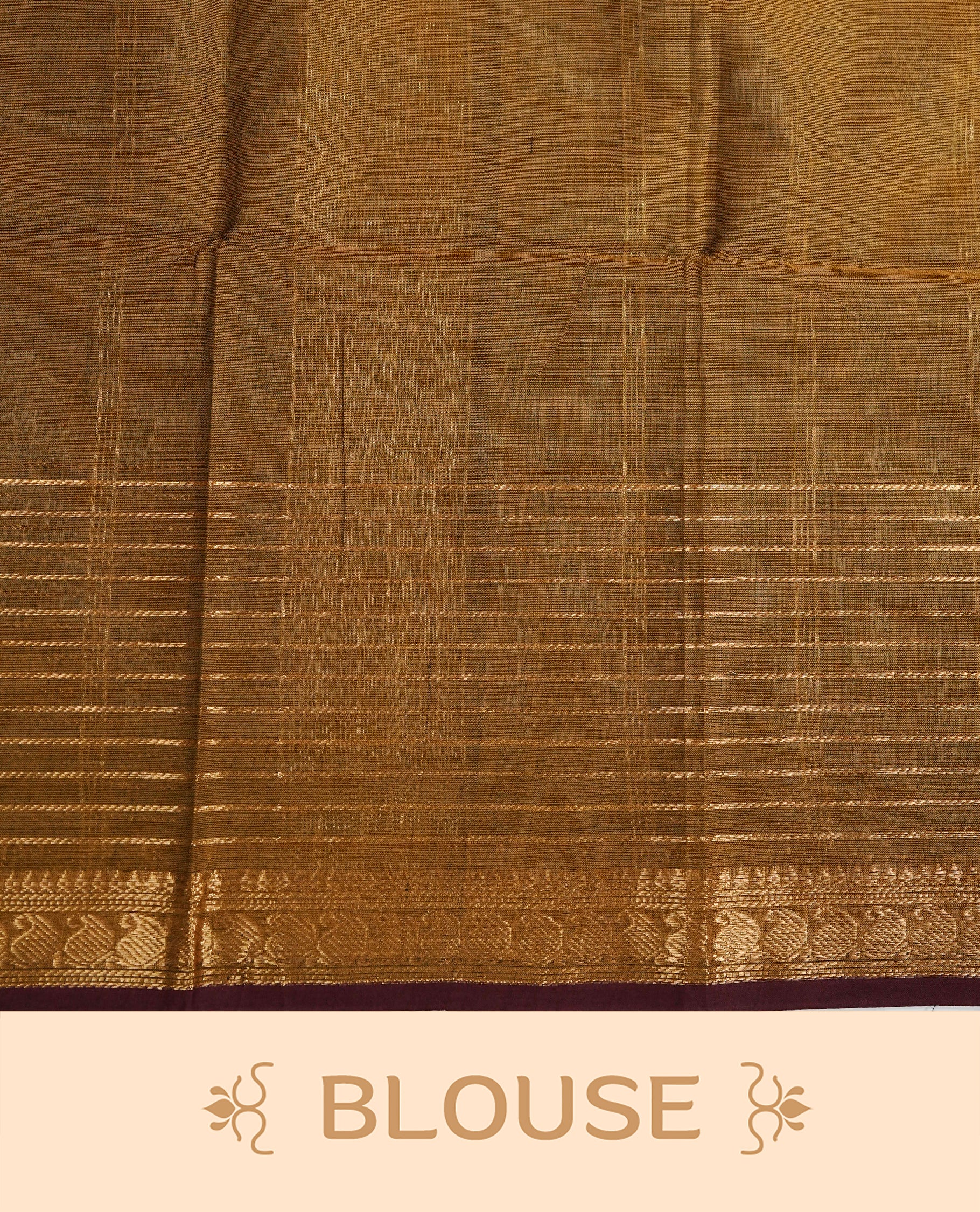 Olive colour chettinad cotton saree featuring gold zari strips body, gold zari Strips border, comes with matching blouse piece.