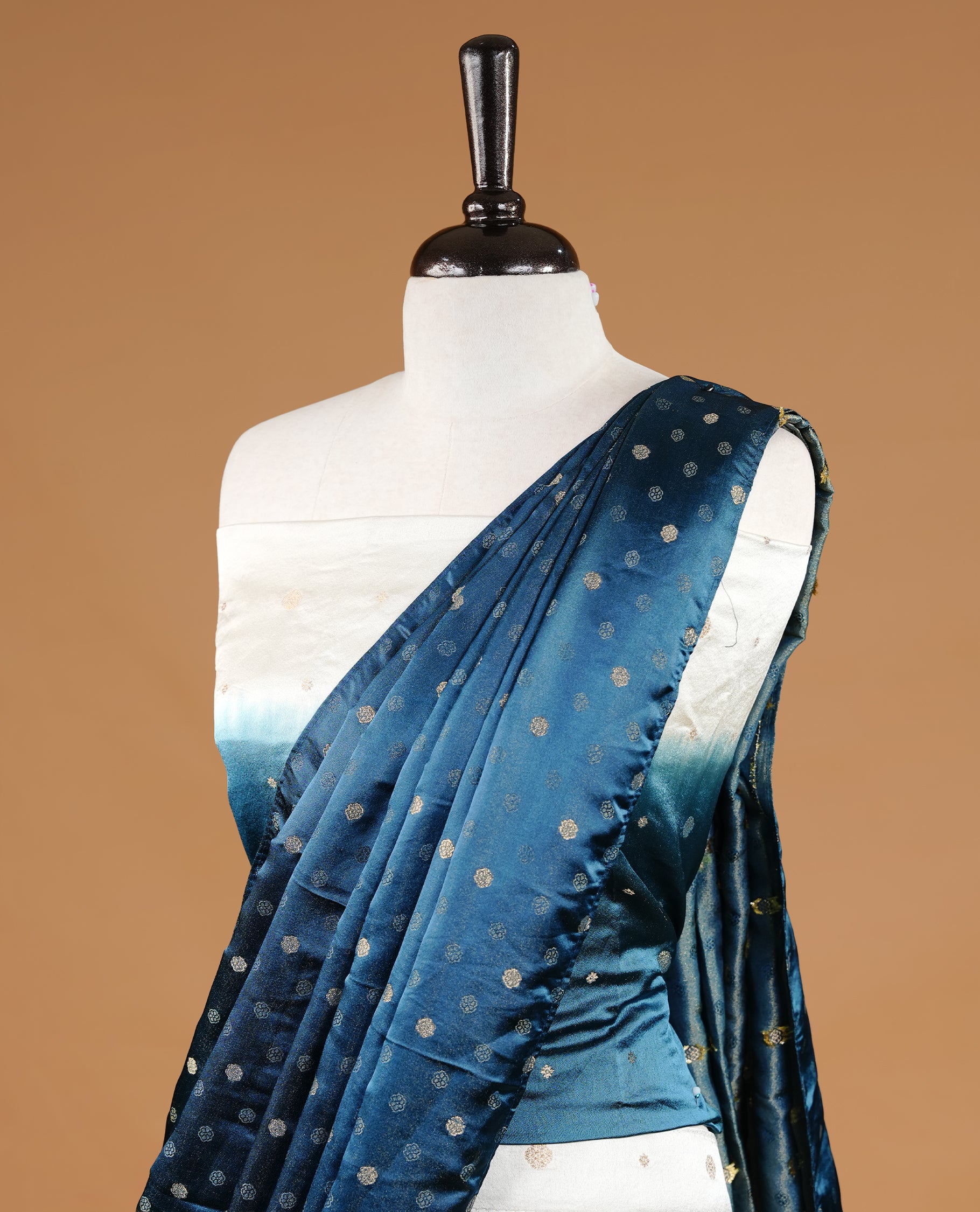 Off White colour half saree material featuring delicate zari buttas on the blouse and skirt, paired with a contrast Teal zari border and matching zari motifs dupatta