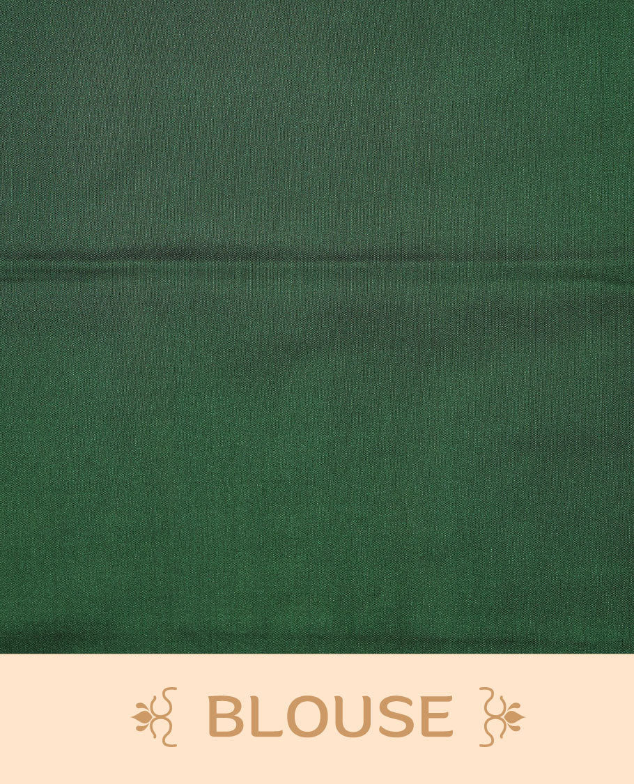 Red colour soft silk saree features a sleek borderless design with intricate antique zari motifs, flowing into a striking contrast green pallu and a matching blouse piece.