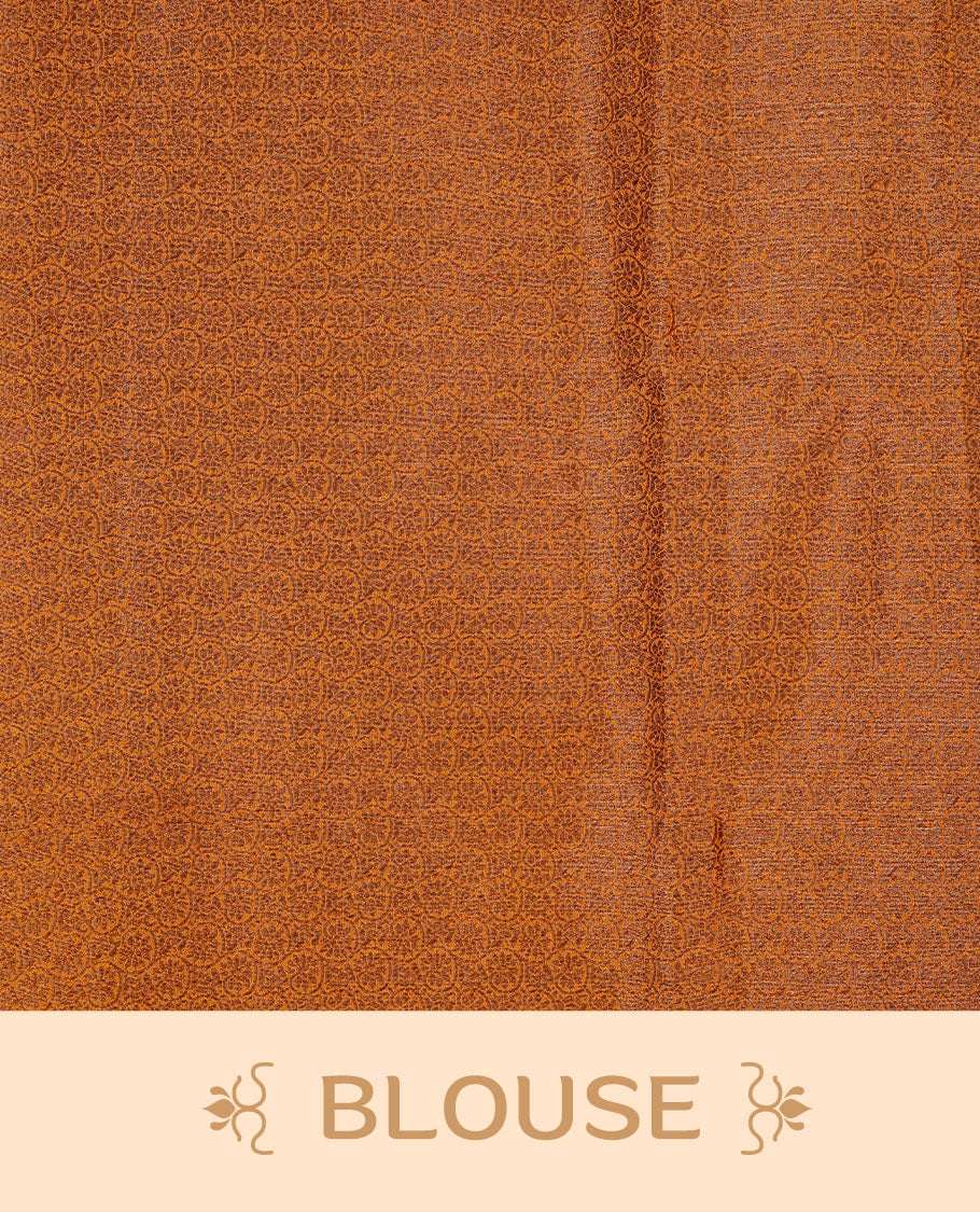 Mustard colour semi banaras tussar silk saree highlighting gold zari bird motifs on body, complemented by self colour with antique zari border, paired with matching blouse piece.