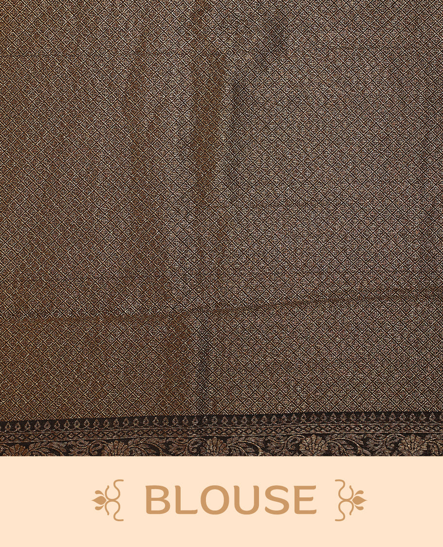 Black semi Banaras tussar saree adorned with golden floral motifs along the border and scattered designs across the body, finished with a rich golden zari pallu, paired with a matching blouse.
