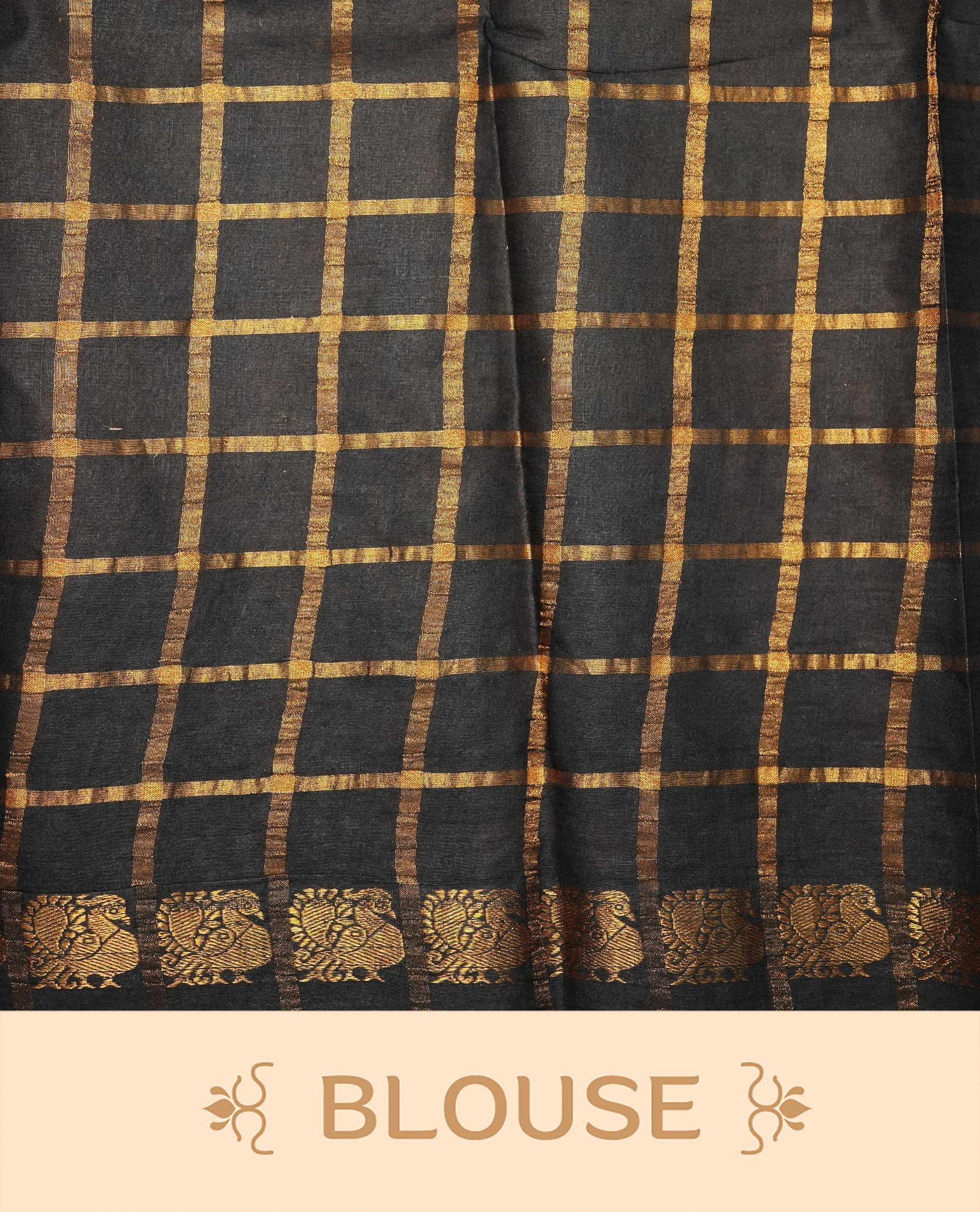 Black colour Sungudi cotton saree Featuring gold Zari check on body, complemented by gold zari peacock motif on self colour border, paired with matching blouse piece.