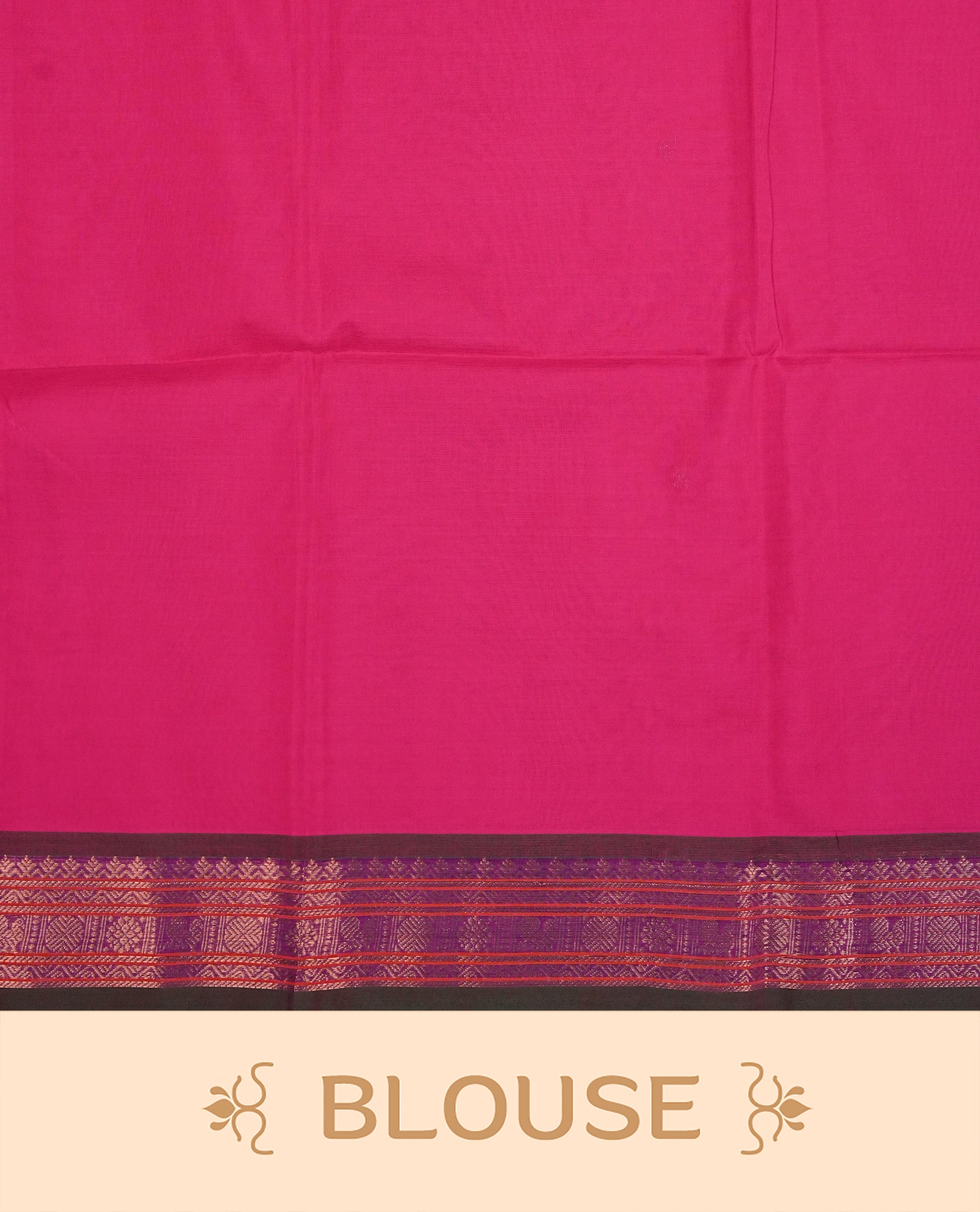Rani Pink Colour Chettinad Cotton Saree Featuring Gold Zari Motifs on the Body, Complemented by a Green & Violet Colour Border with Peacock Gold Zari Design and a Contrast Gold Zari Pallu, Paired with a Matching Blouse Piece