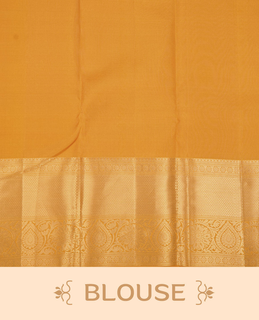 Golden mustard colour kancheepuram silk saree featuring Floral and diamond zari jacquard on body with traditional zari border, paired with matching blouse piece.