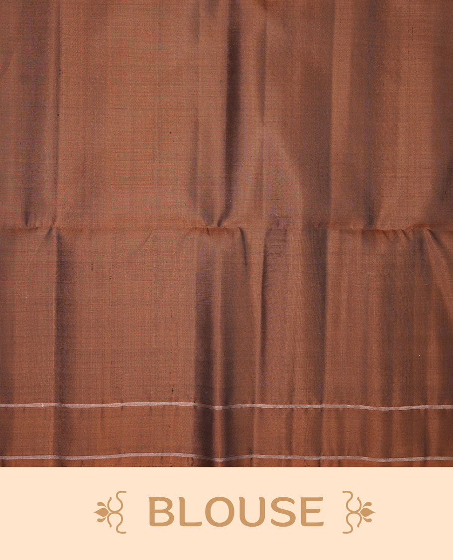 Olive Brown colour soft silk saree featuring gold zari motifs on body, complemented by self colour with traditional border with tassel at pallu, paired with matching blouse piece.