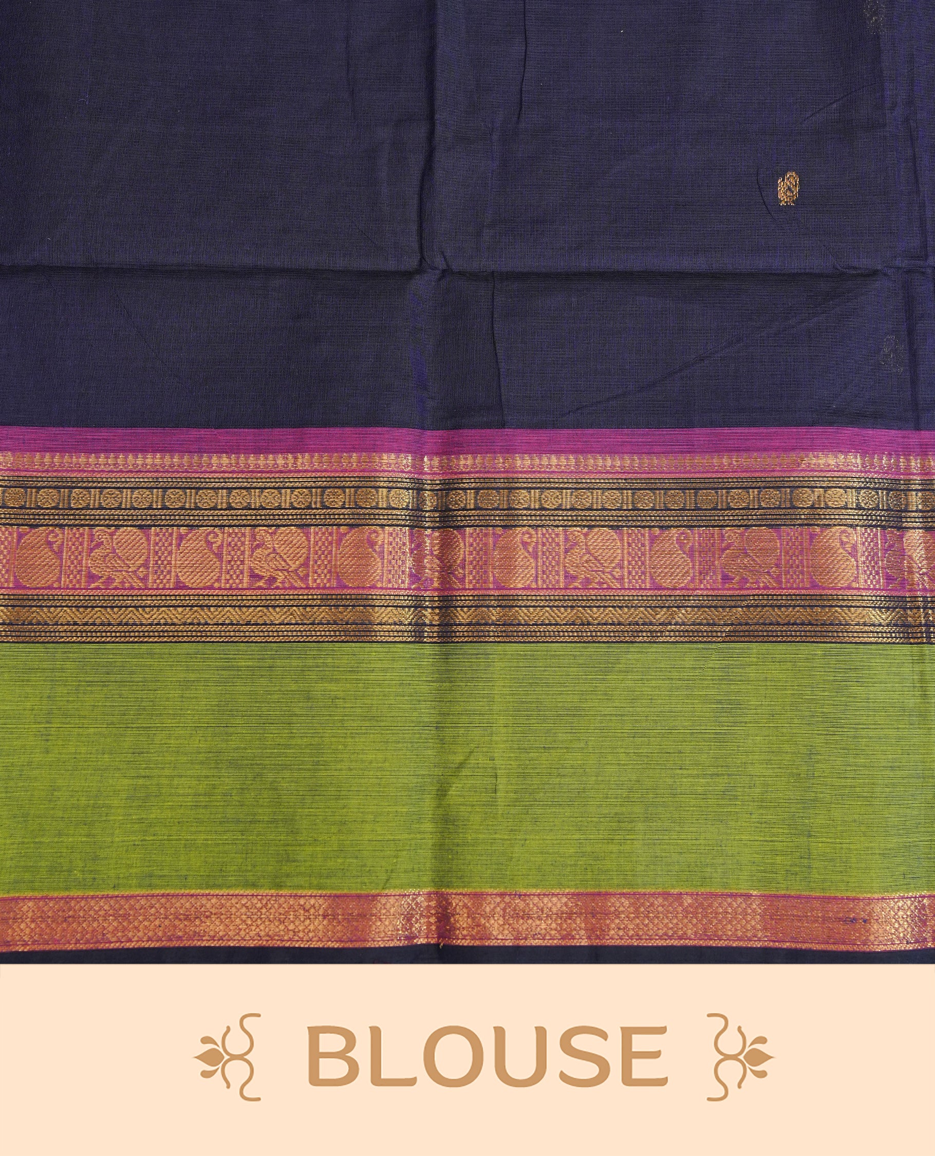 Navy blue colour chettinad cotton saree featuring gold zari motifs on body, complemented by contrast green & magenta with gold zari border, comes with matching blouse piece.