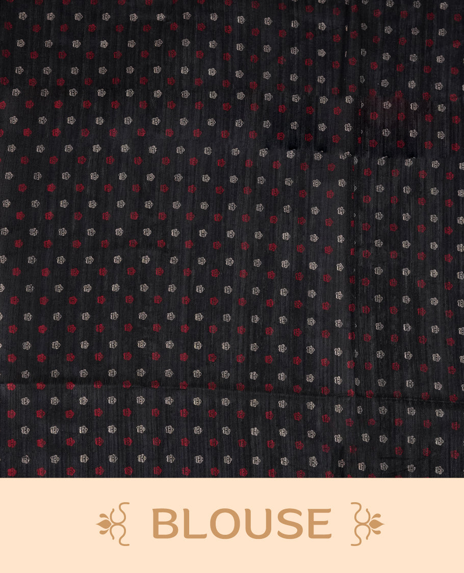 Navy blue colour saree with elegant beige & red colour leaf & flower work and subtle texture & Paired with a matching blouse, its perfect for festive events, receptions, or traditional gatherings with a touch of grace.