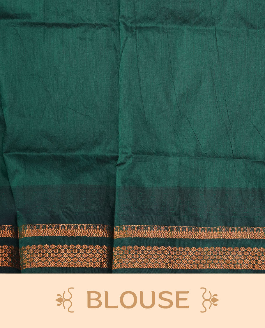 Maroon colour kalyani cotton saree featuring gold zari motifs on body, complemented by contrast maroon color with gold zari pattern border , paired with matching blouse piece.