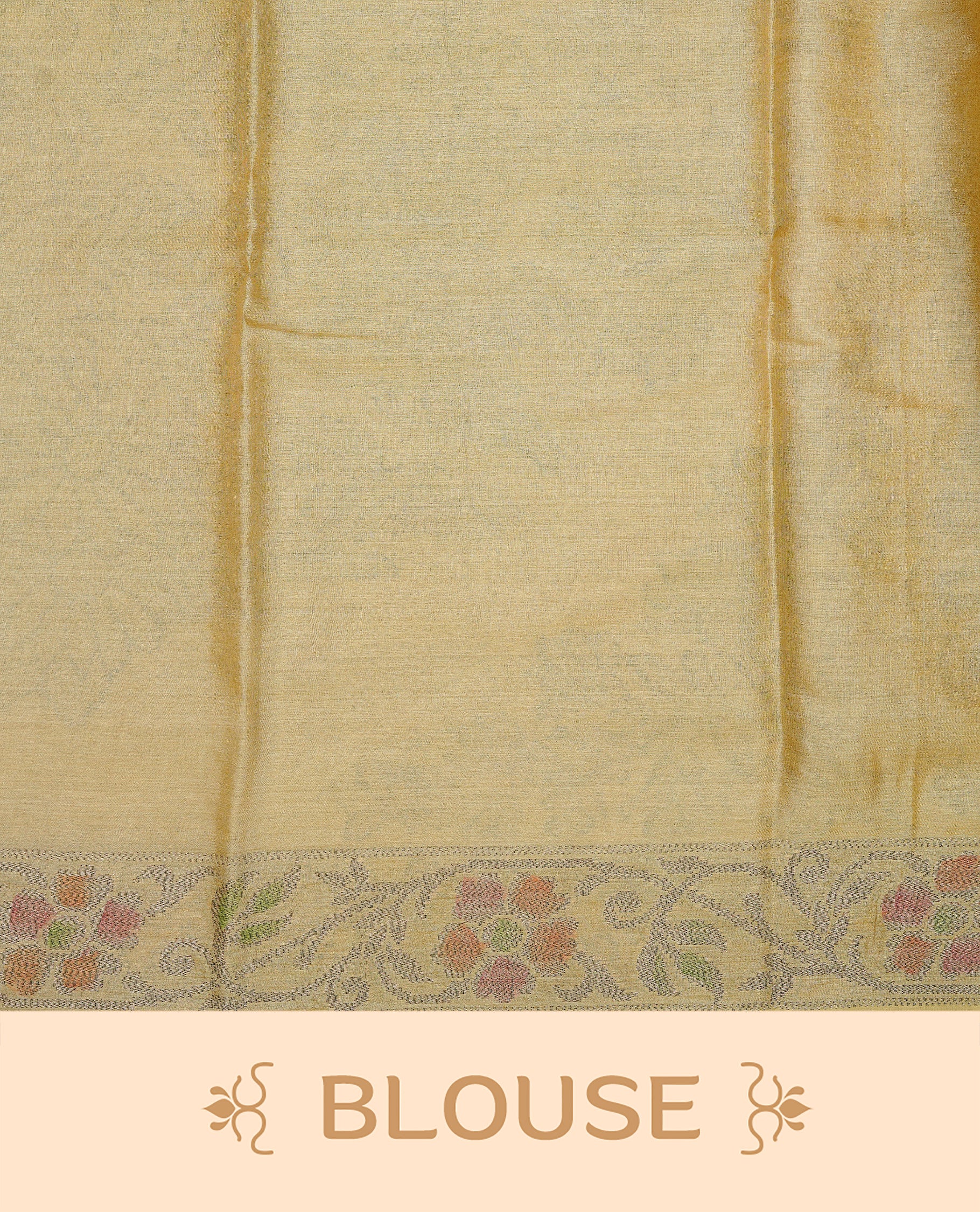 Yellow colour pure tussar silk saree featuring elegant antique zari kodi patterns across the body, designed with a graceful borderless finish for a refined look. Paired with a matching blouse piece.