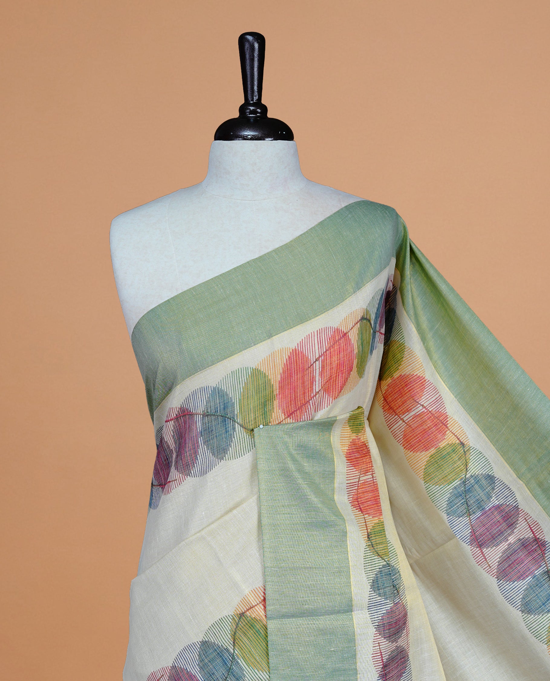 Cream Colour Tissue Kerala Saree Featuring Multicolour Circular Prints Along The Border And Pallu, Complemented By A Light Green Border With Traditional Gold Zari Accents, Paired With A Matching Blouse Piece.