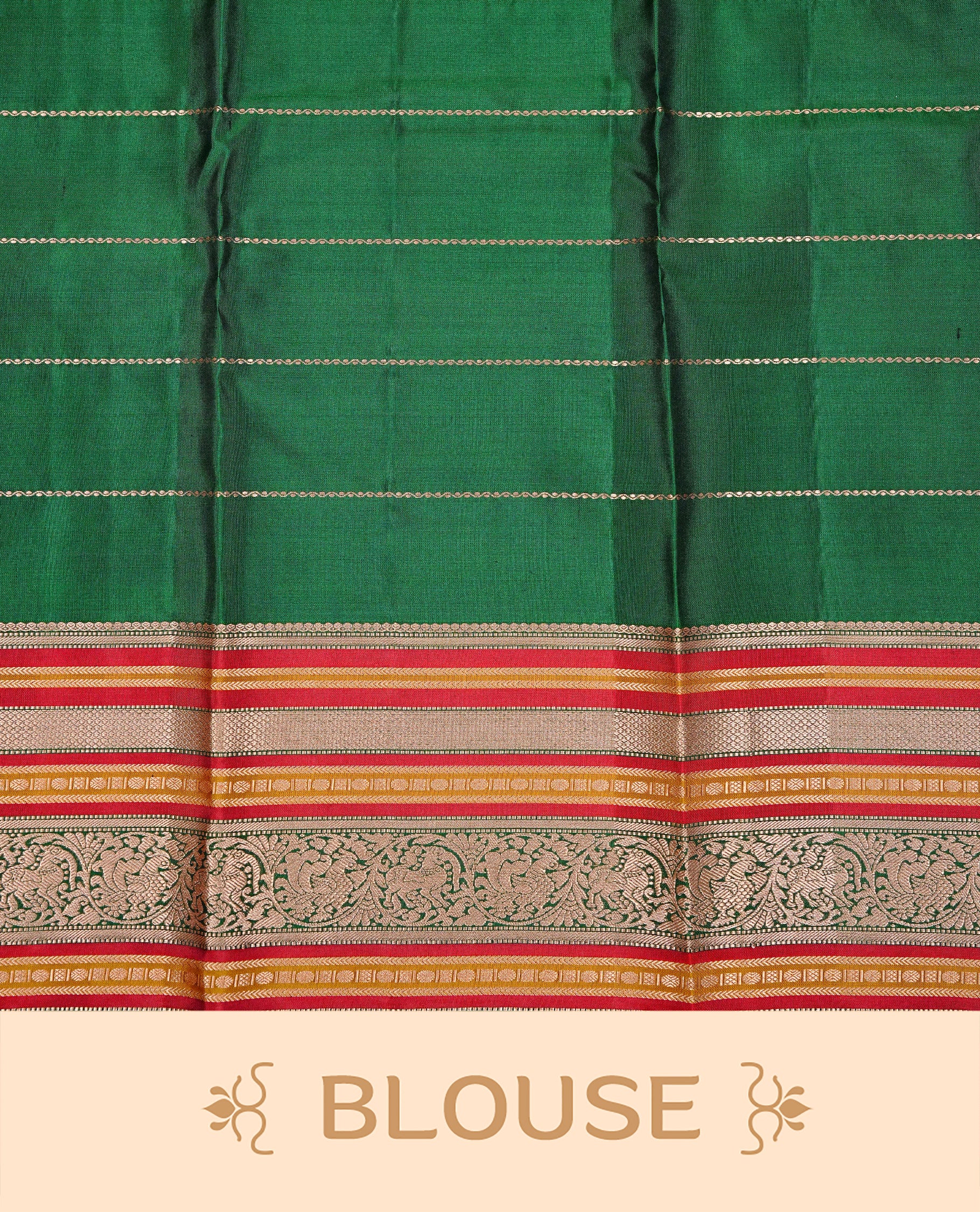 Maroon colour Kancheepuram silk saree featuring Gold Zari Peacock & stripes on body, enrich Gold Zari with Red, mustard on contrast Green border, paired with a Matching blouse piece.