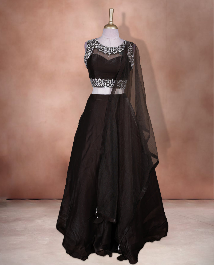 Chocolate brown colour lehenga set with stitched sleeveless embellished yoke blouse featuring sheer neckline, matching stitched flared lehenga, and plain sheer dupatta.