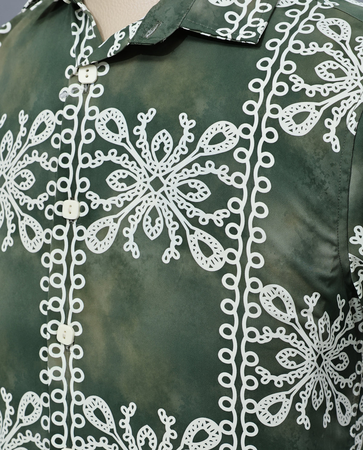 Green Dye colour design shirt with Cream colour pattern print on body, half sleeve.