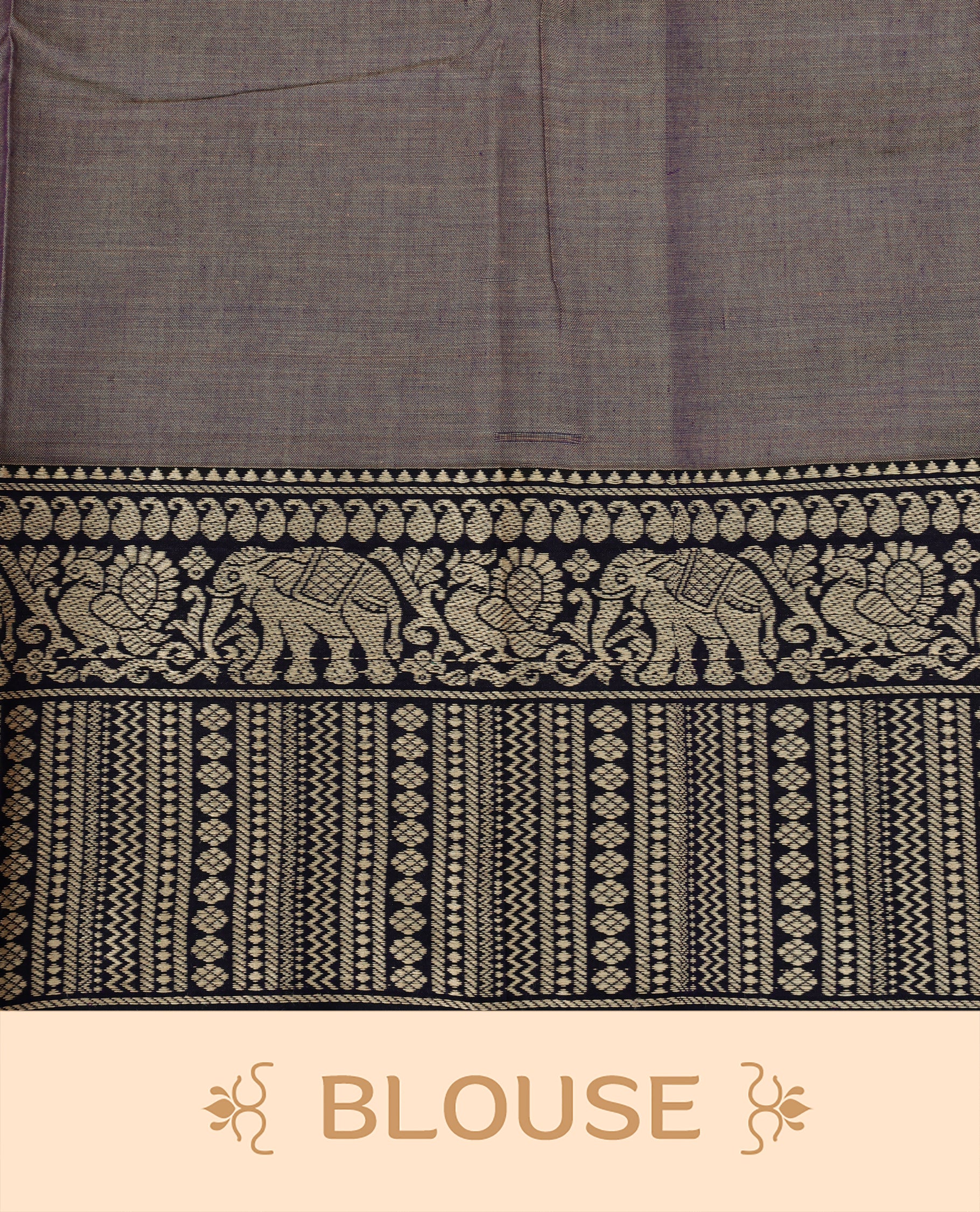 Greyish Lavender colour Narayanapett cotton saree Featuring Elegant plain Body, complemented by Contrast Black colour with cream zari border, paired with matching blouse piece.