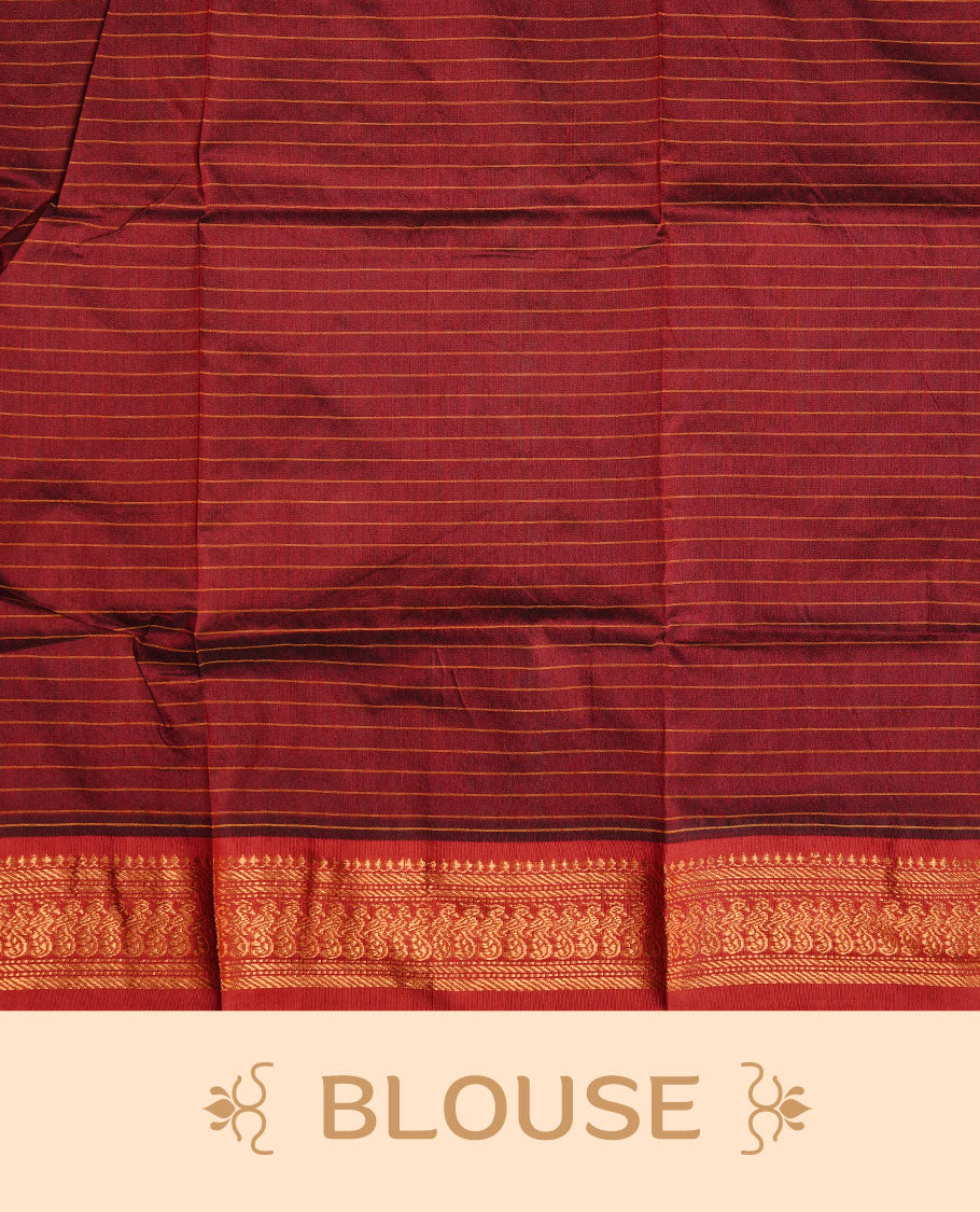 Teal colour kalyani cotton saree featuring antique zari motifs on body, complemented by Maroon colour with Antique zari border, paired with matching blouse piece. (Copy)