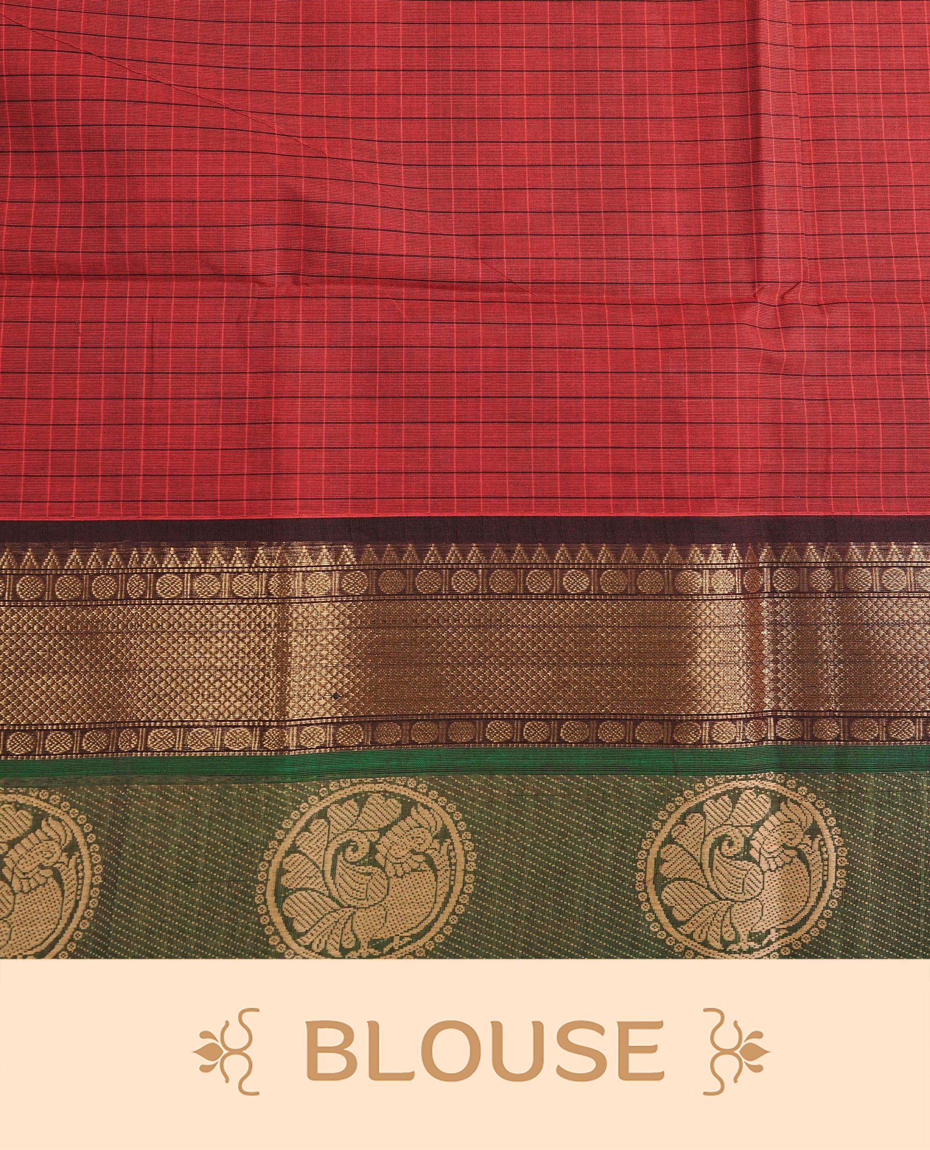 Maroon colour chettinad cotton saree featuring Check pattern on body, complemented by Contrast Black & Green Colour with gold zari border, comes with matching blouse piece.