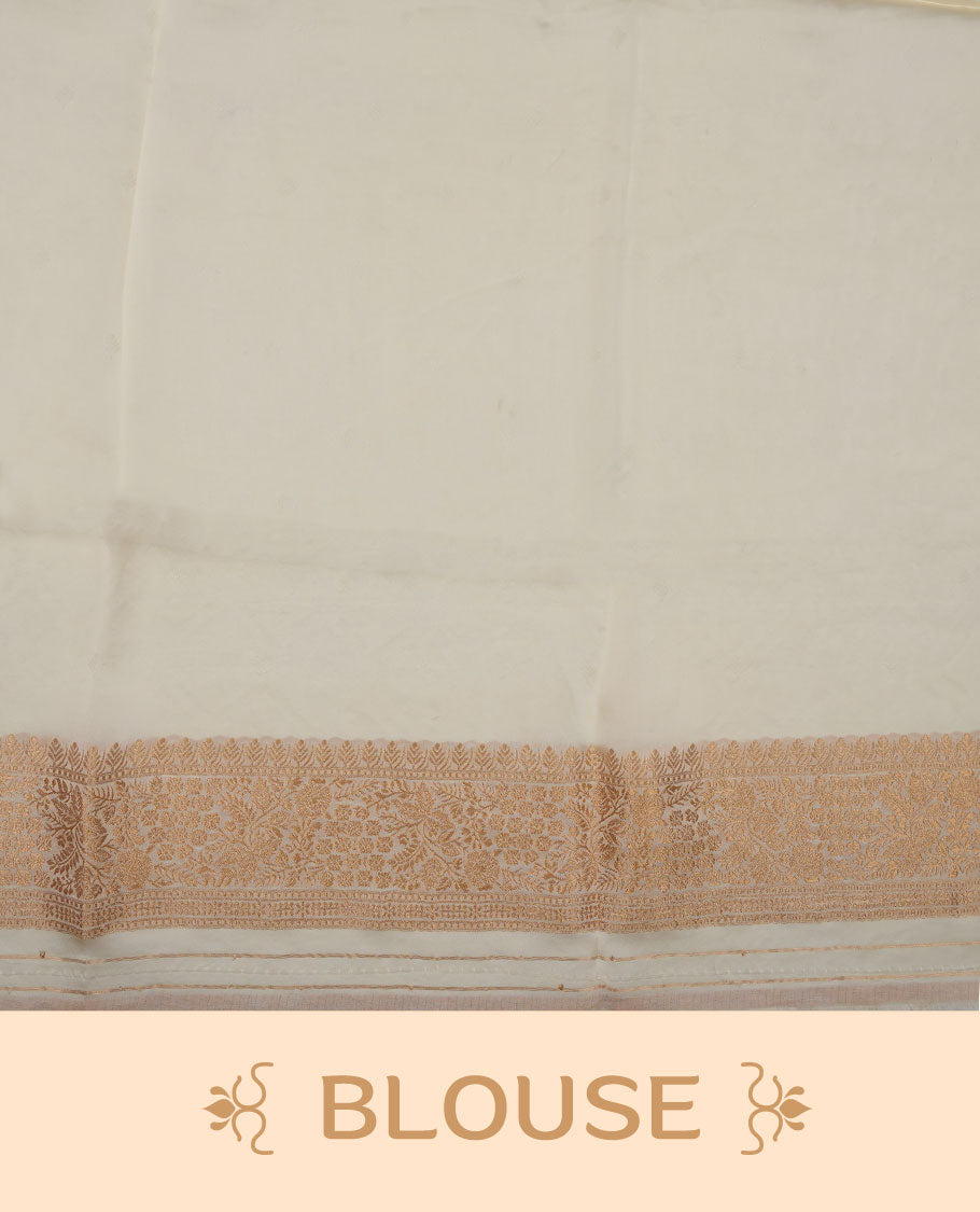 Black colour banaras satin crepe saree featuring gold zari motifs on body, with contrast cream colour border with gold zari pattern and paired with matching blouse.