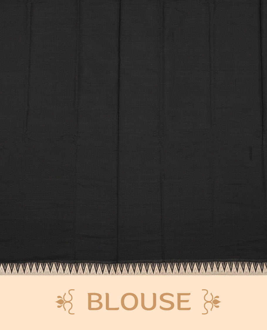 Black colour Narayanapattu cotton saree featuring a self coloured body, contrast cream colour zari border and pallu, pairing a matching blouse piece.