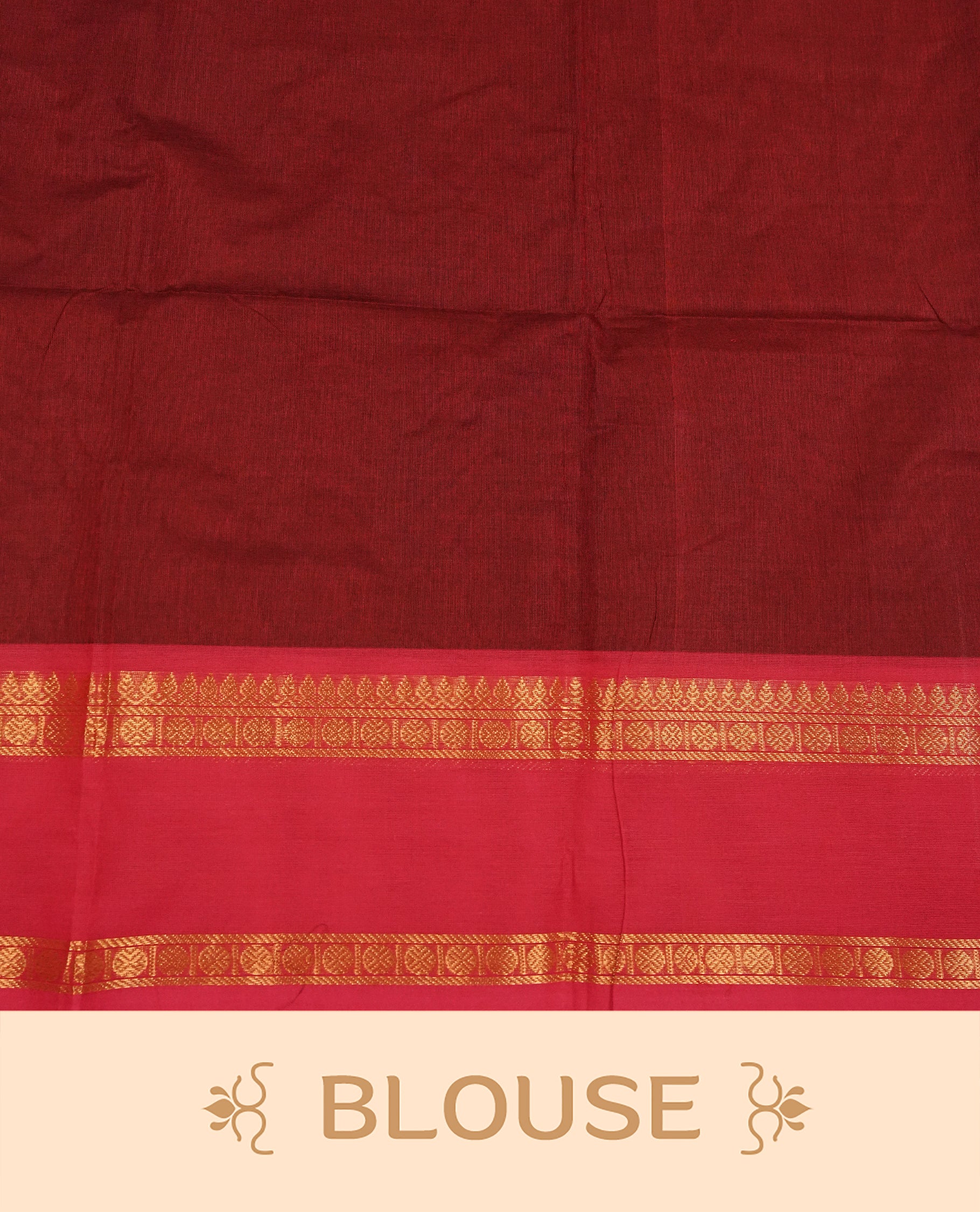 Redish brown colour chettinad cotton saree featuring gold zari motifs on body, Contrast magenta colour with Gold zari border, comes with matching blouse piece.