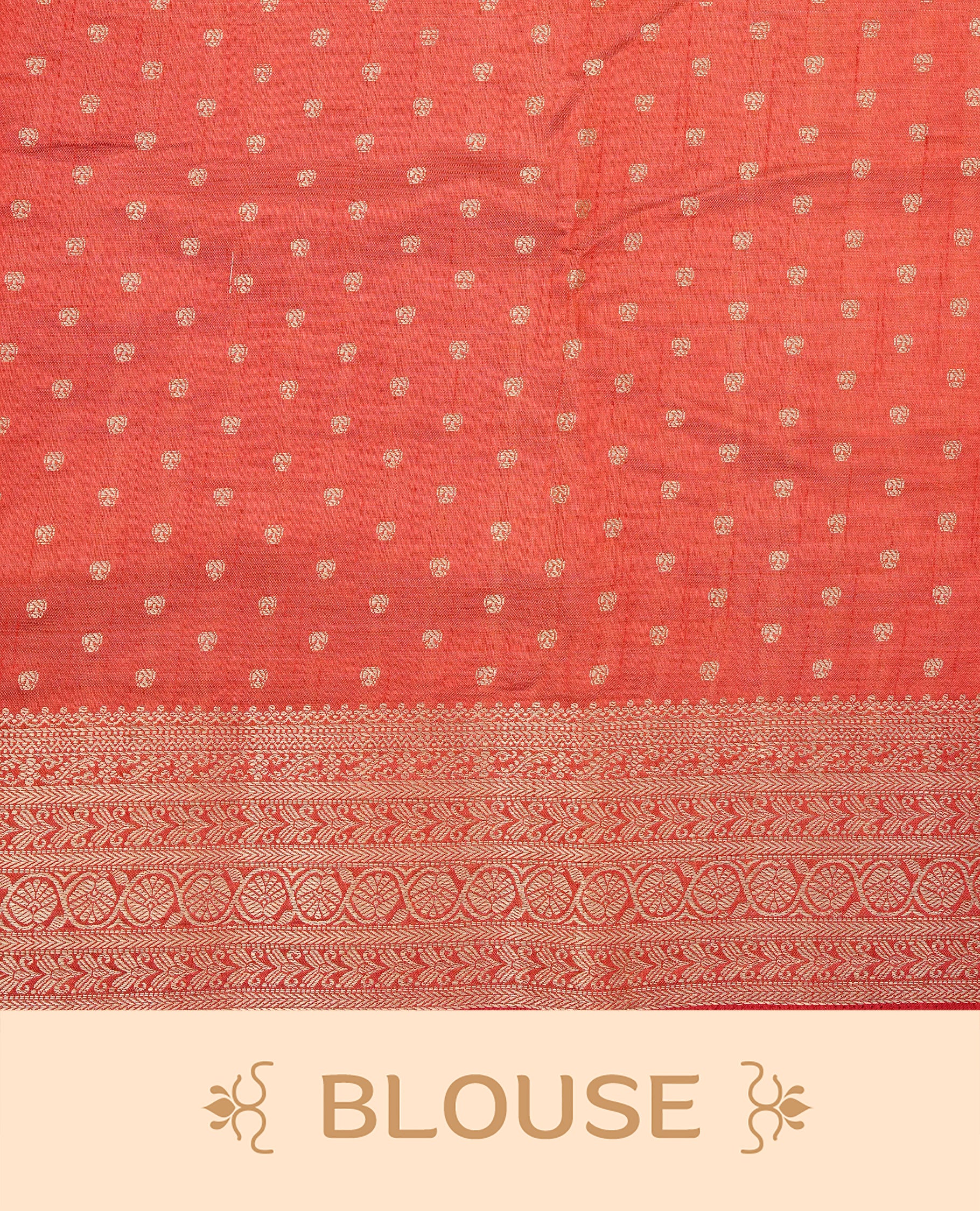 Light gold tussar saree featuring gold zari Buttas, complemented by contrast Red colour with Gold zari traditional border, paired with matching blouse piece.