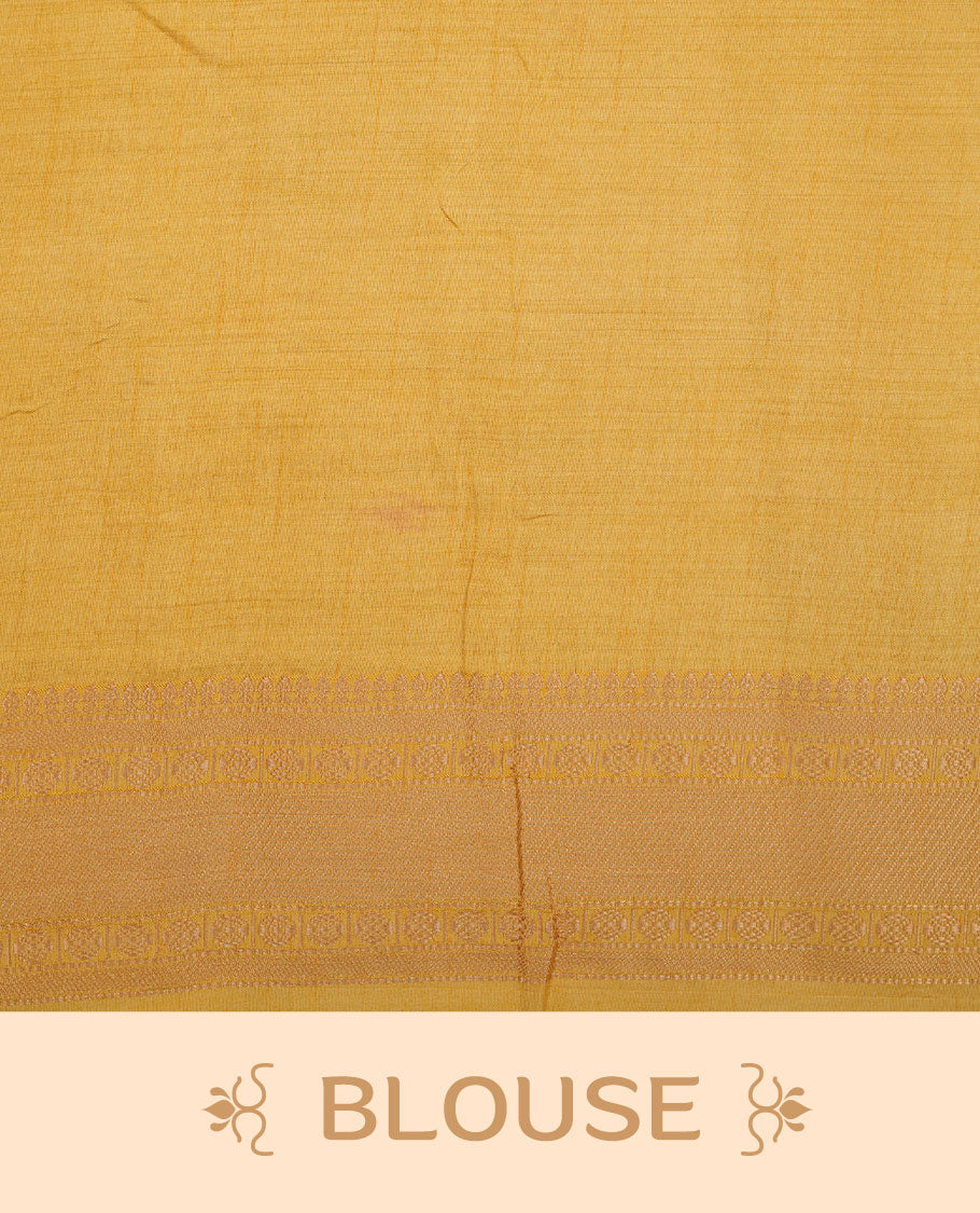 White gold colour semi tussar saree featuring Gold zari buttas body, contrast Yellow colour gold zari border and comes with matching blouse piece.
