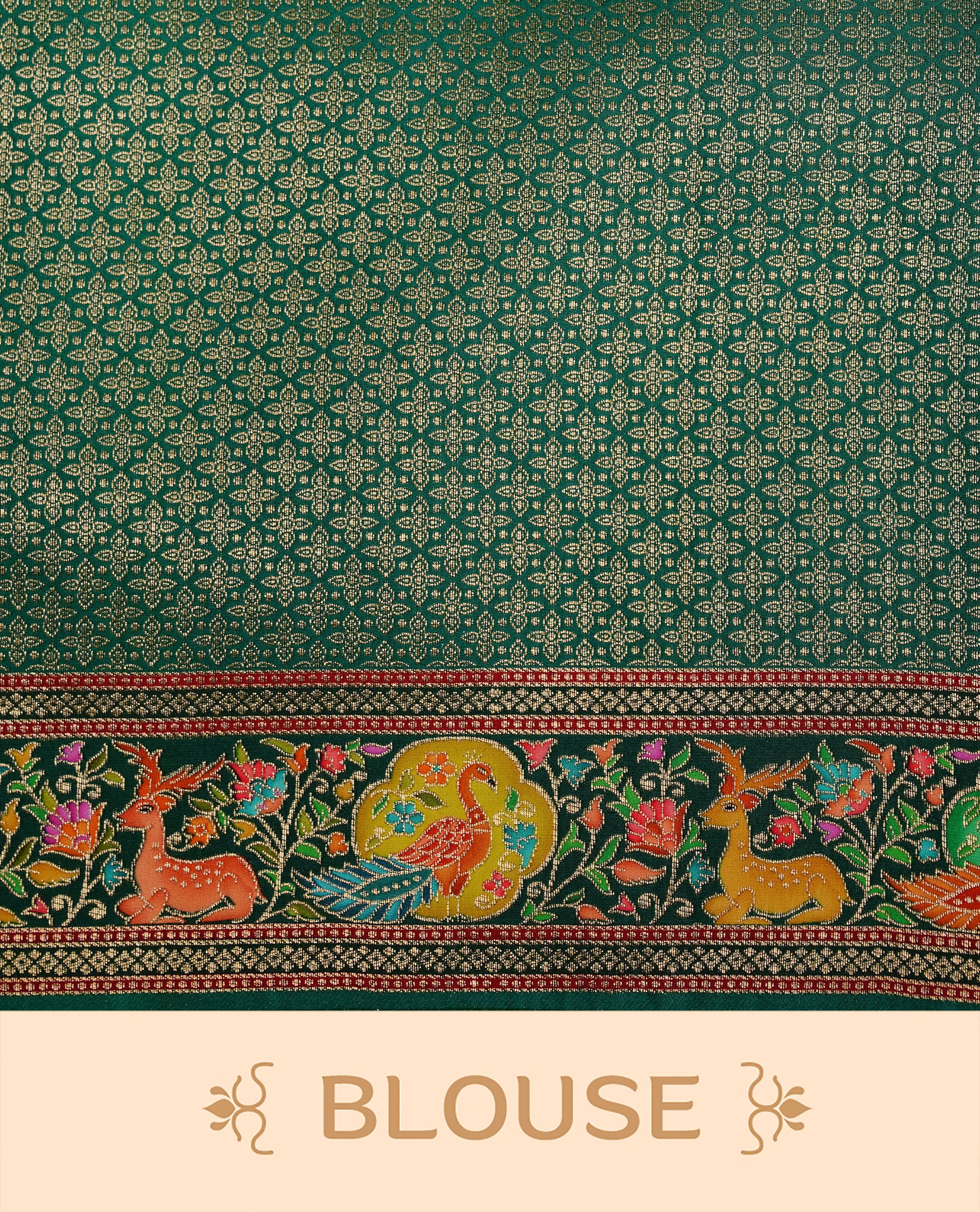 Purple colour Pashmina Saree featuring elegant woven temple and floral motifs, enhanced with a contrast green woven border and a richly detailed traditional pallu, paired with a matching blouse piece.