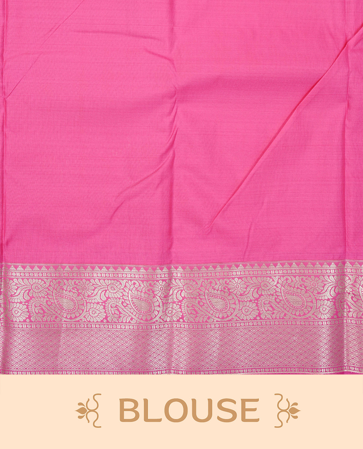 Cream colour semi wedding saree featuring light gold zari check with motifs on body complemented by contrast magenta colour with traditional border, comes with matching blouse piece.