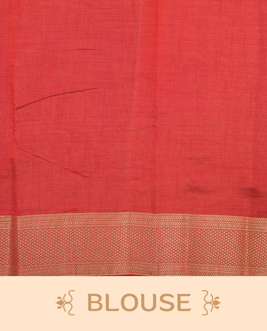 Cream colour tussar silk saree featuring elegant plain body, contrast orange colour border with gold zari, comes with matching blouse piece.