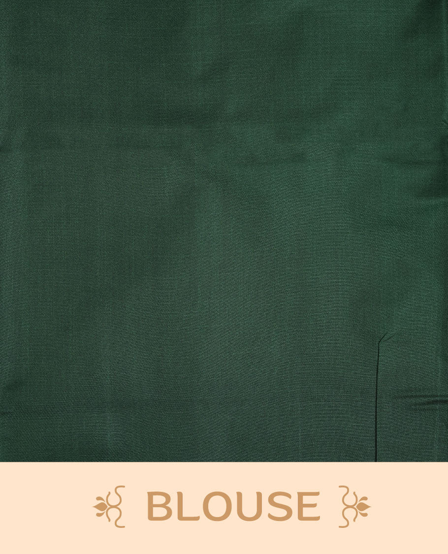 Olive colour soft silk saree features a sleek borderless design with intricate antique zari motifs, flowing into a striking contrast green pallu and a matching blouse piece.