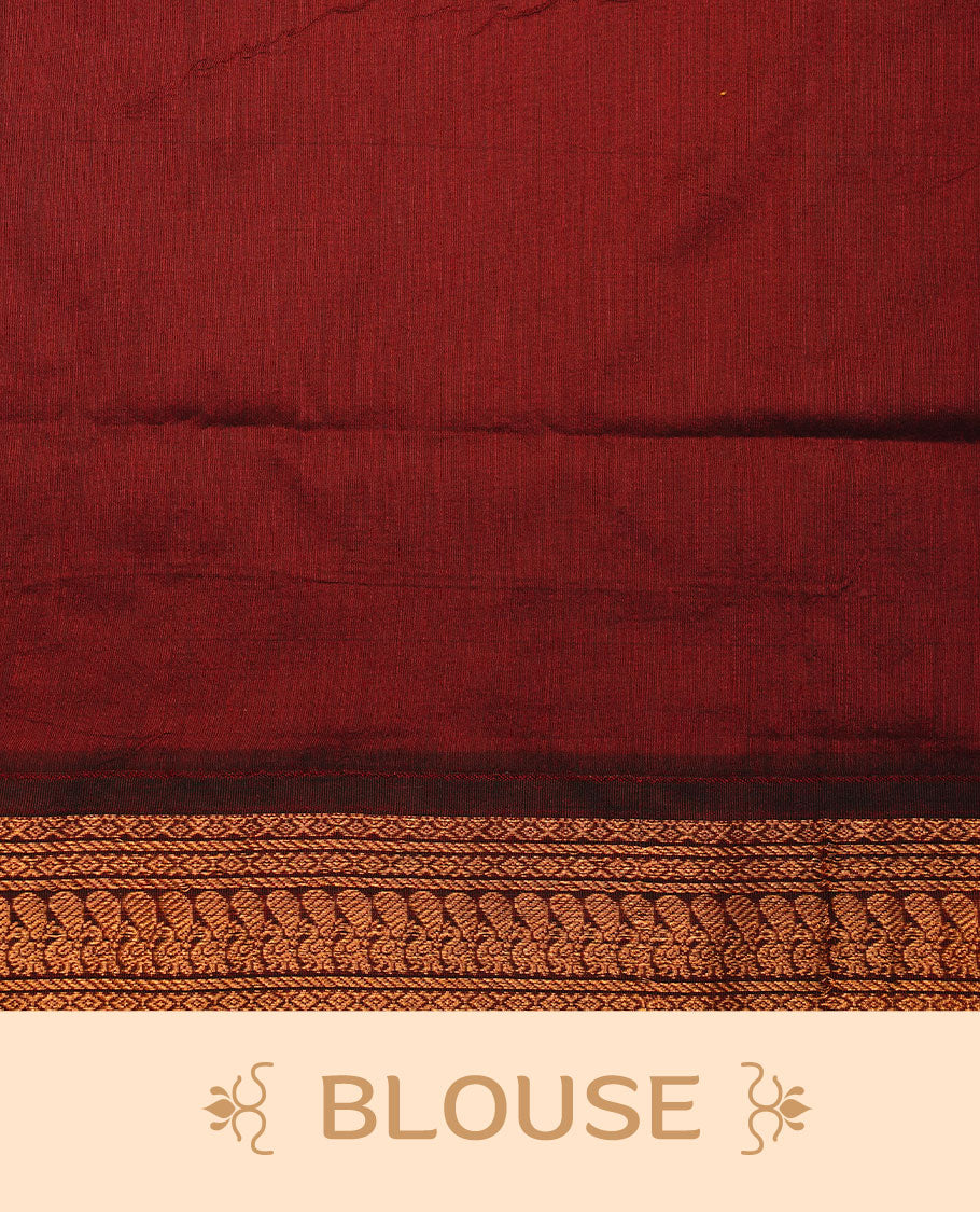 Blue colour kalyani cotton saree featuring antique zari motifs on body, complemented by Maroon colour with Antique zari border, paired with matching blouse piece.