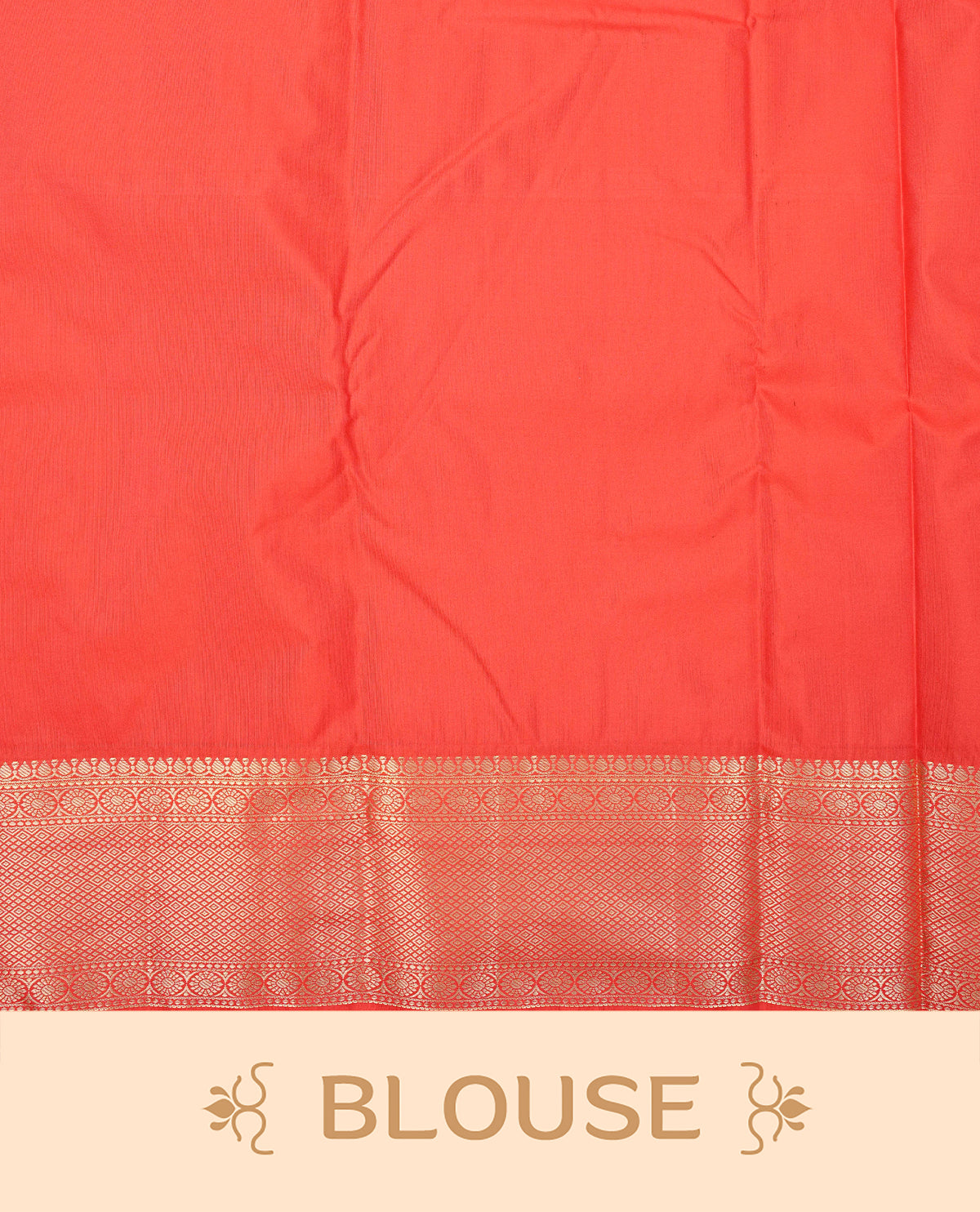 Red colour semi wedding saree featuring light gold zari floral buttas across the body, complemented by self colour with traditional border. Comes with a matching blouse piece.